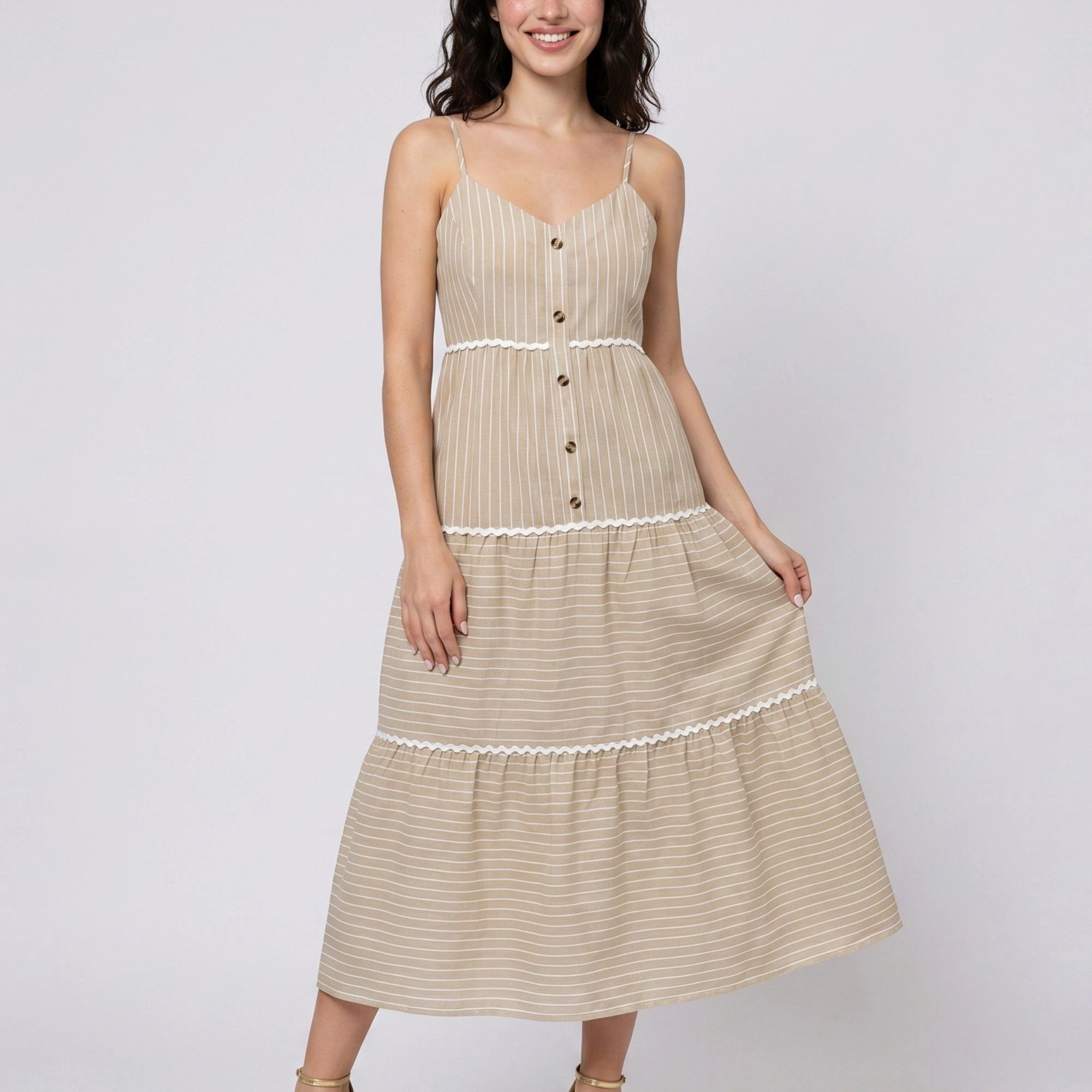 Anna-Kaci Women's Striped Spaghetti Strap Button Front Rickrack Trim Tiered Skirt A-Line Midi Dress