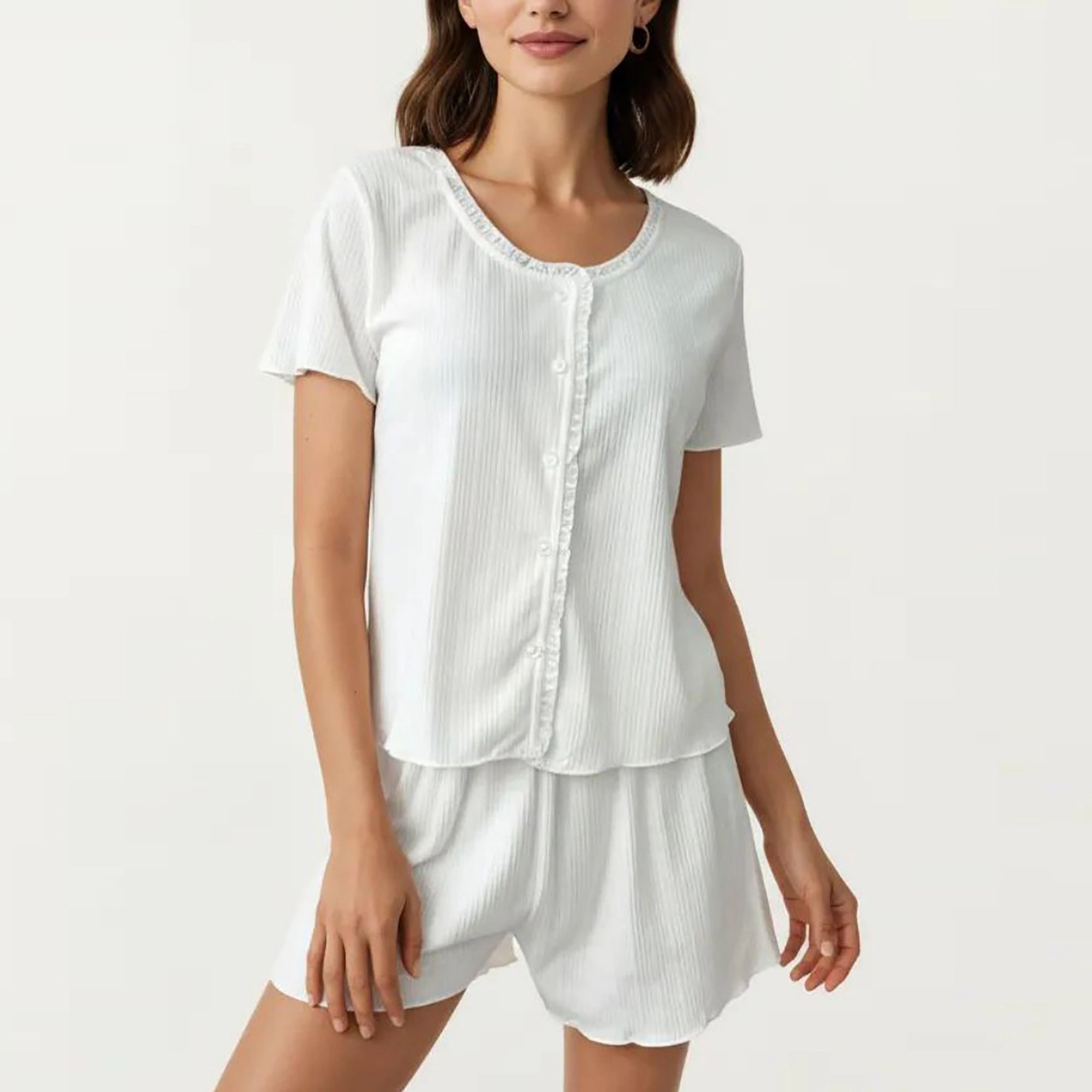 Anna-Kaci Women's 2-Piece Button Front Pajama Top with Round Neck and Relaxed Fit Shorts Textured Sleepwear Set