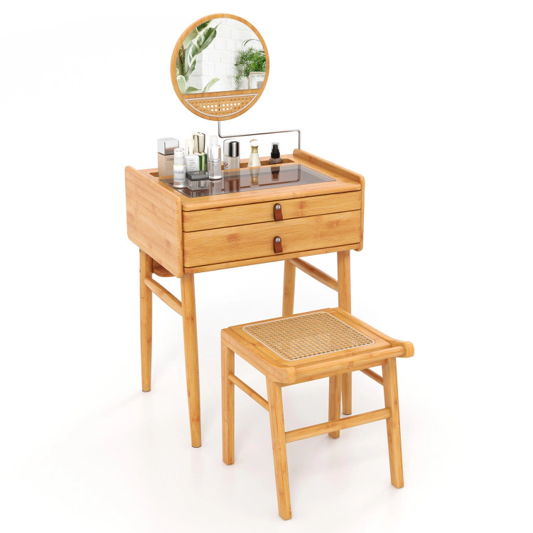 Hivvago Bamboo Makeup Vanity Table With Stool And Rotating Mirror