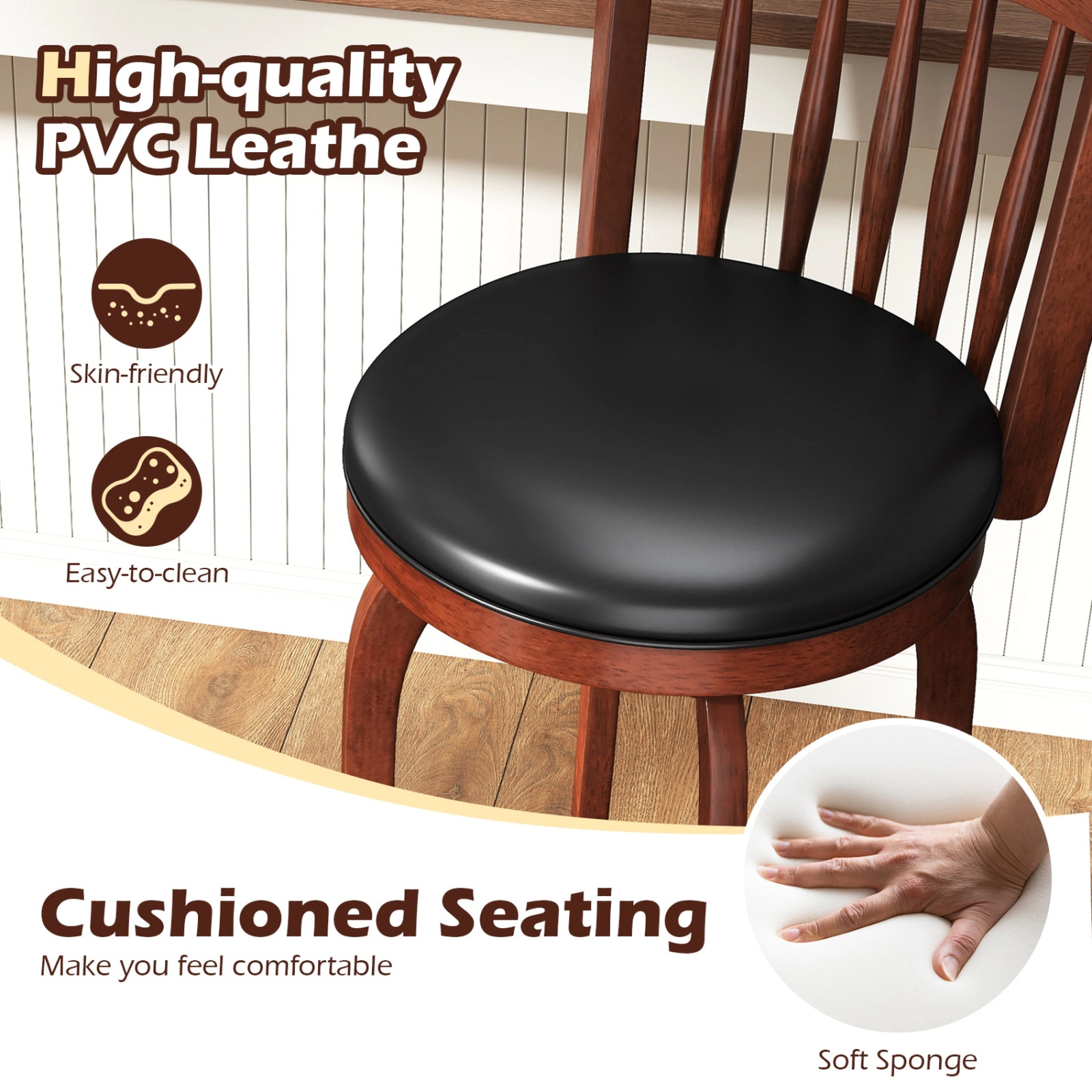 SUGIFT 360° Swivel Counter Height Faux Leather Bar Stool Set of 2 330-lb Capacity 24-in Seat Height Expresso and Black