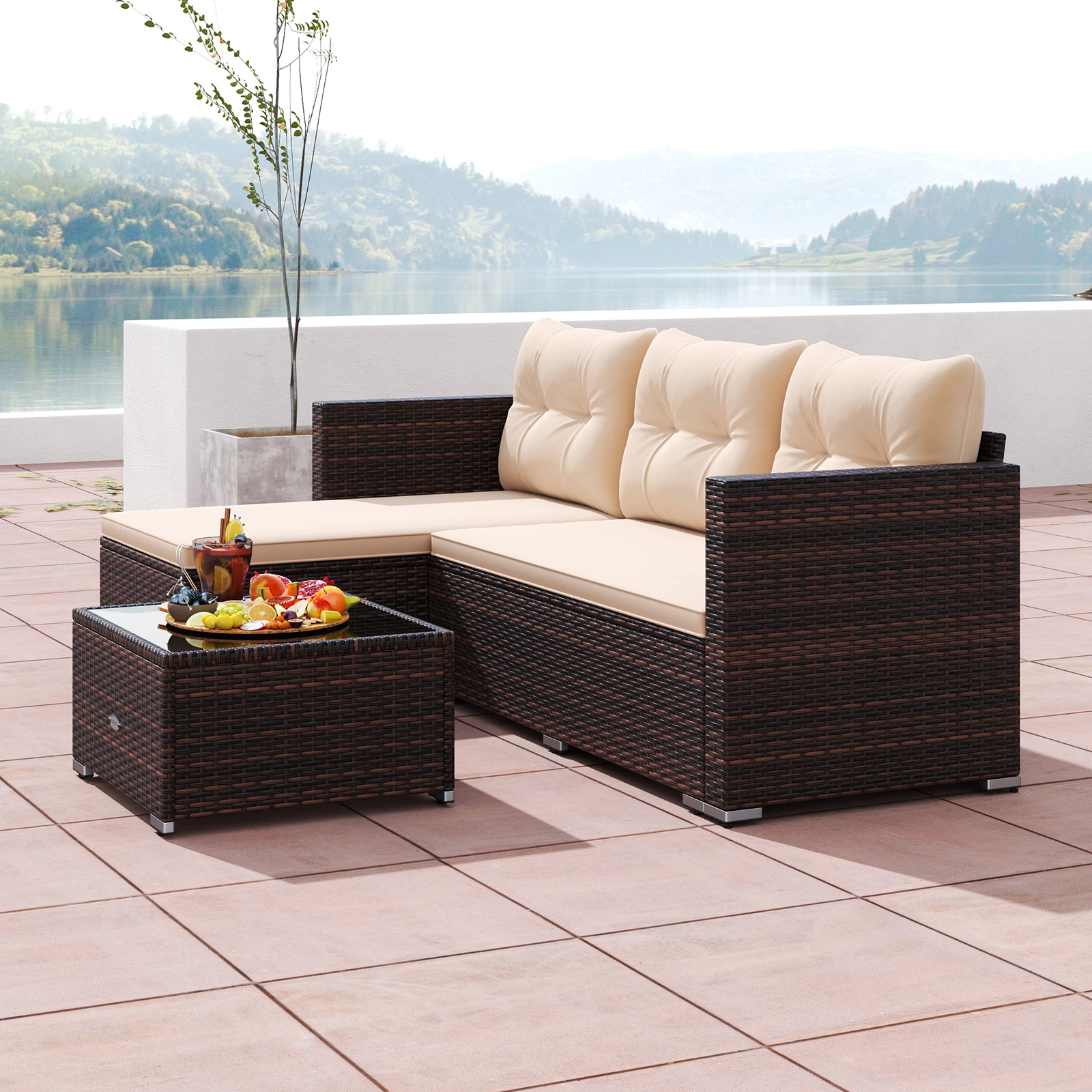 LJG 4 Seats Outdoor Wicker Furniture Set with Tempered Glass Coffee Table and Soft Cushions
