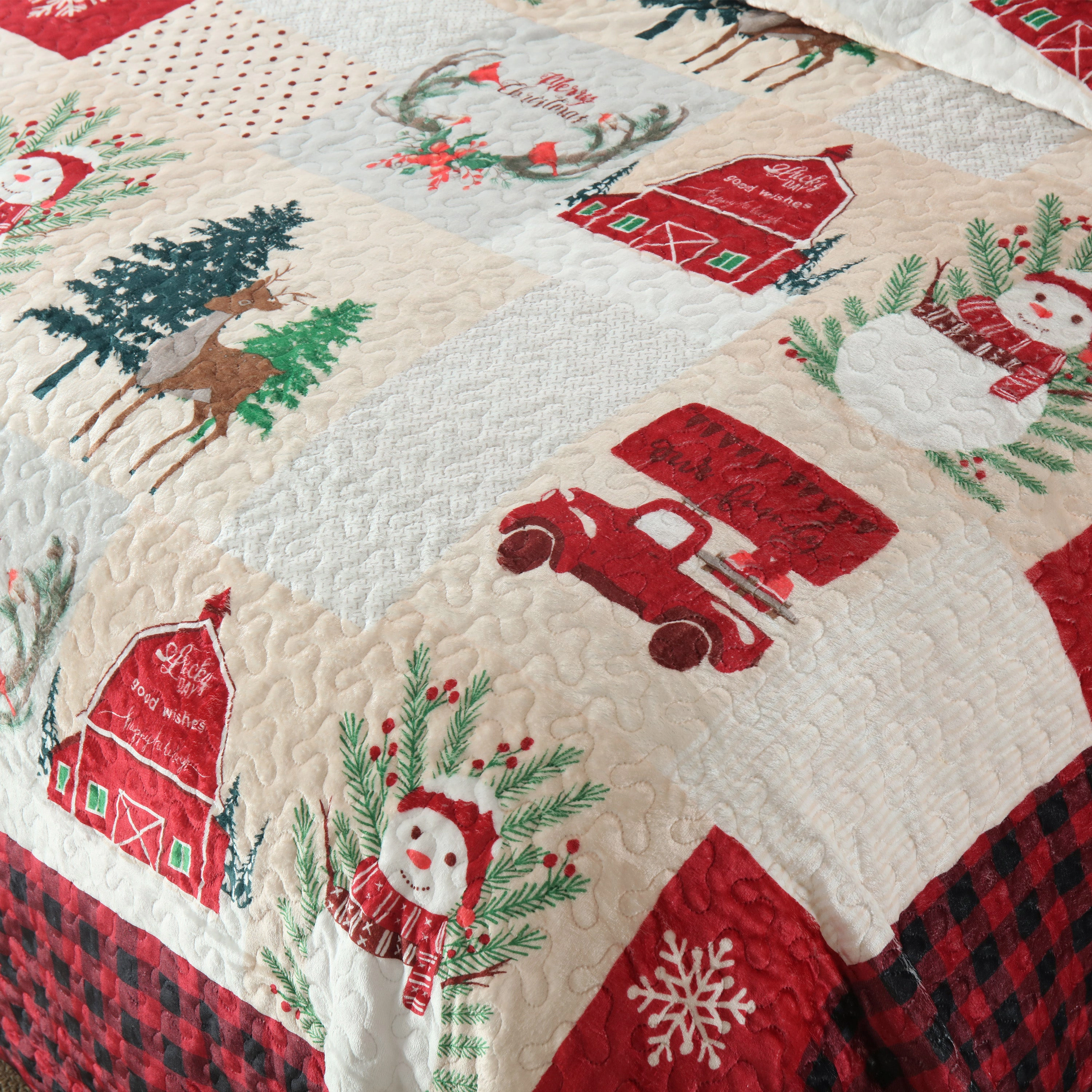 MarCielo 3 Piece Velvet Christmas Quilt Bedspread Set,Holiday Bedding