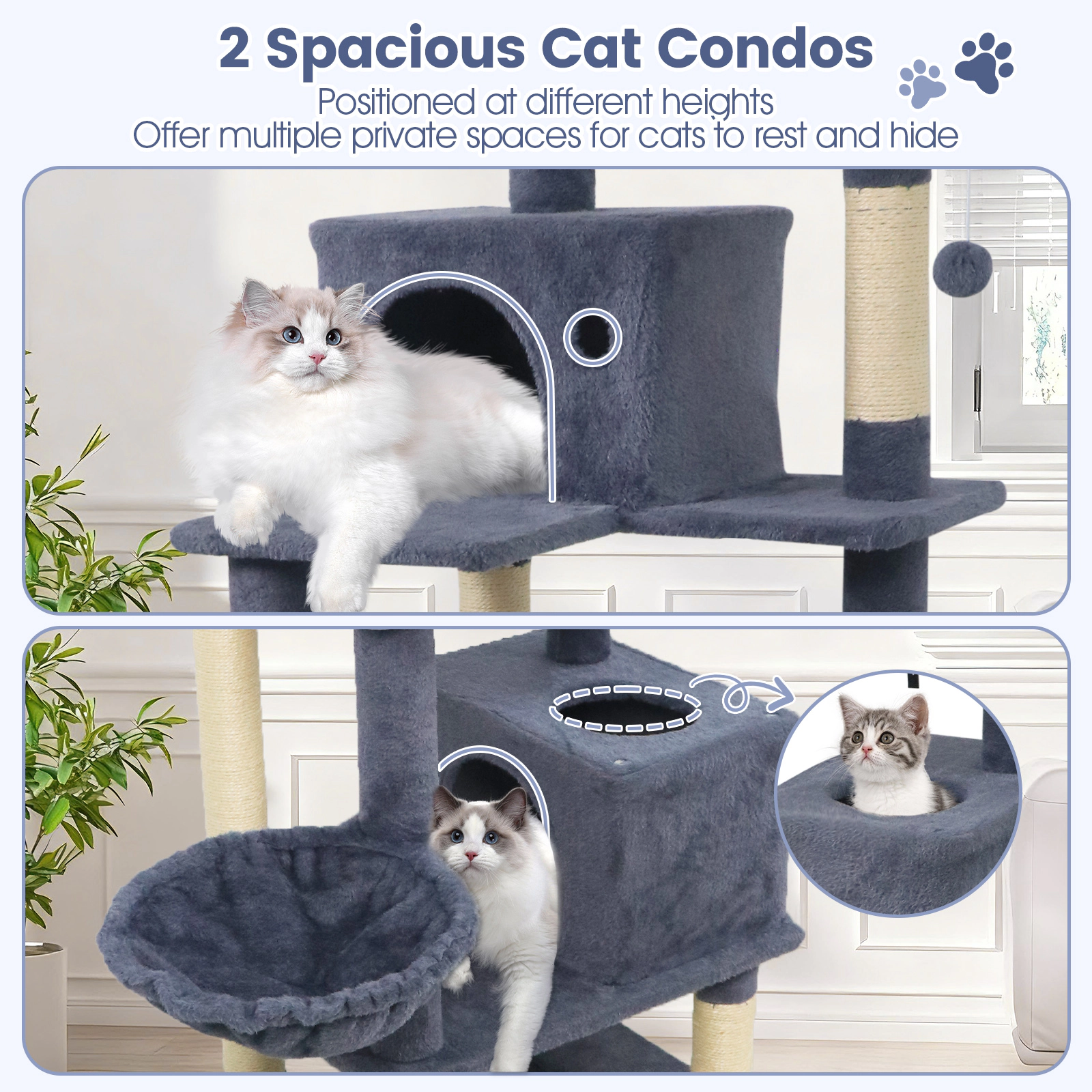 SUGIFT 66-in Dark Gray Multi-Level Cat Tree Tower with 2 Condos Skylight Hammock and Sisal Posts