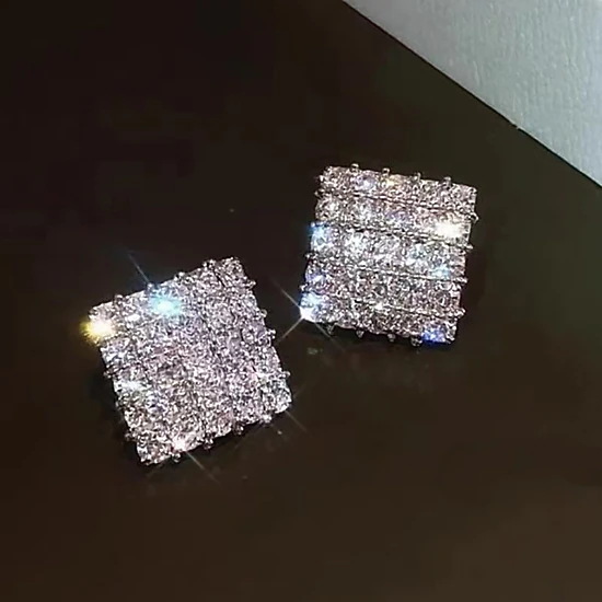 Geometric Square Shaped Cubic Zirconia Stud Earring
