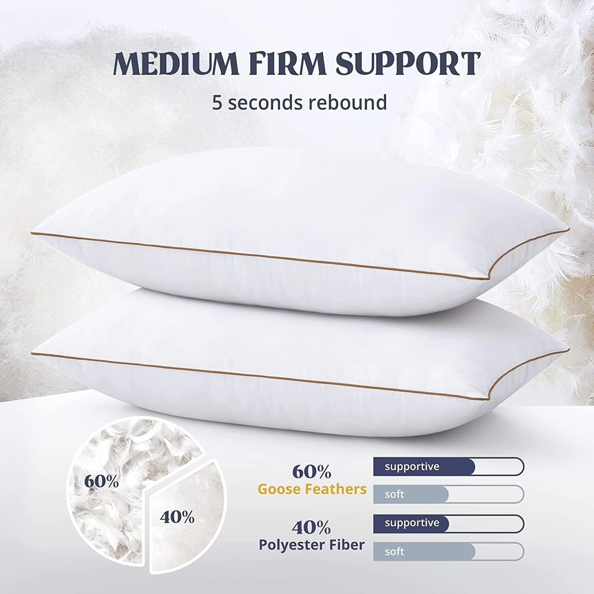 Unikome Set of 2 Goose Feather Pillows with Soft Cover, Medium Firm Bed Sleeping Pillows
