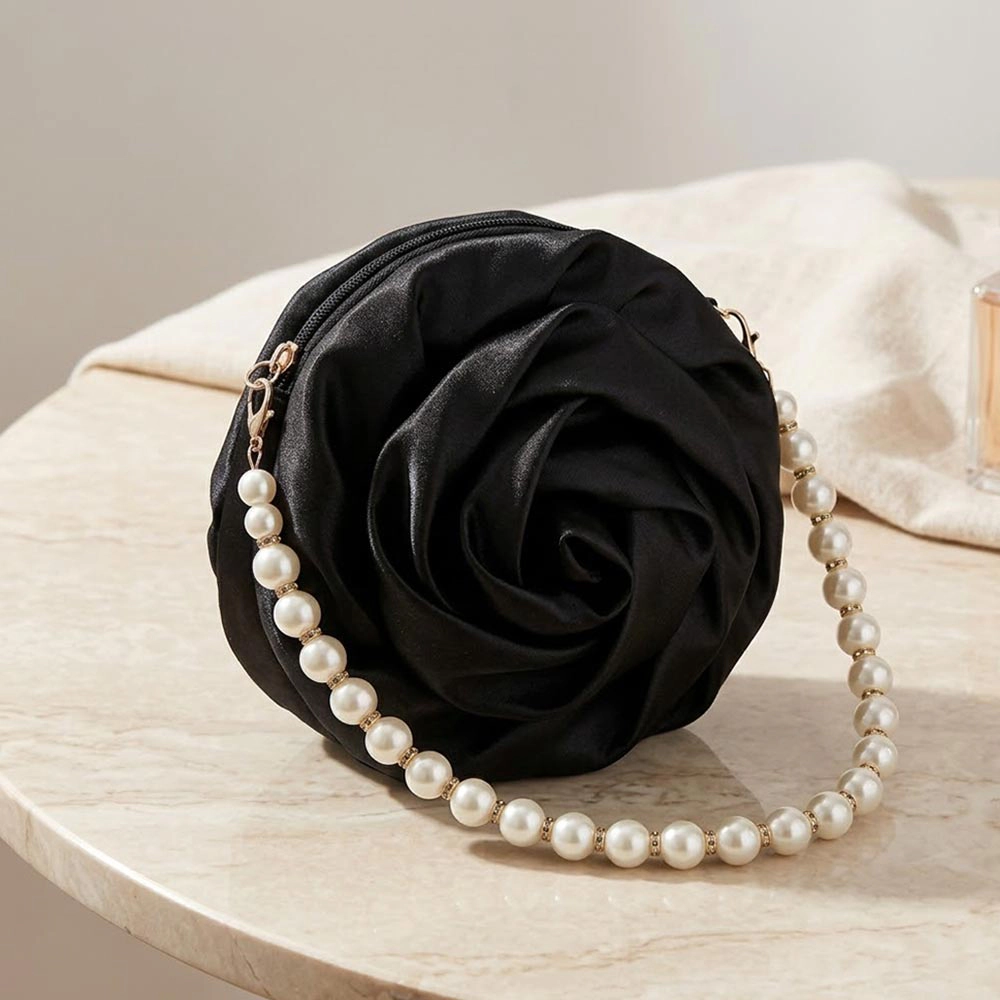 FASHNZFAB Satin Fabric Rose Shape Pearl Strap Evening Bag