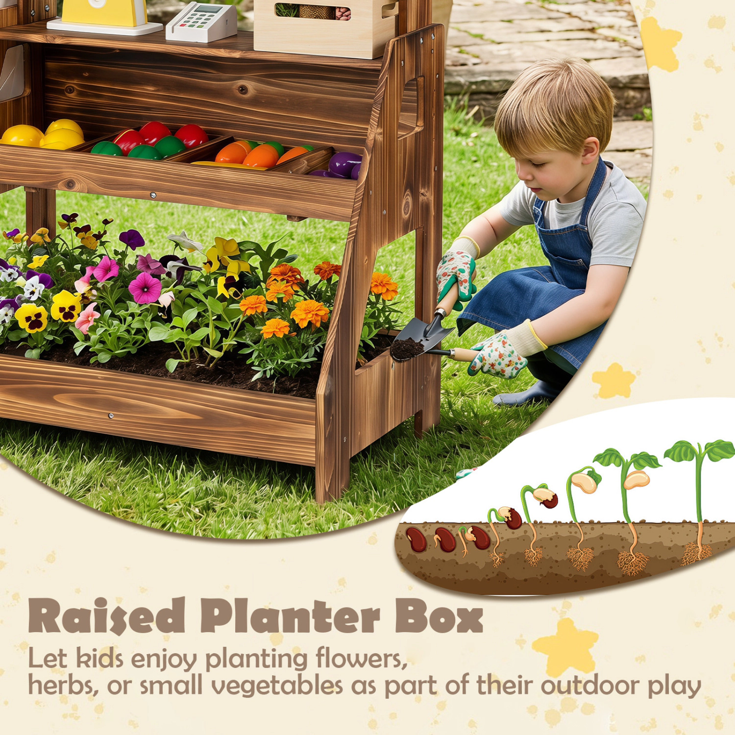 Hivvago 2-in-1 Wooden Mud Kitchen and Market Stand for Kids Outdoor with Planter Box 2 Chalkboards