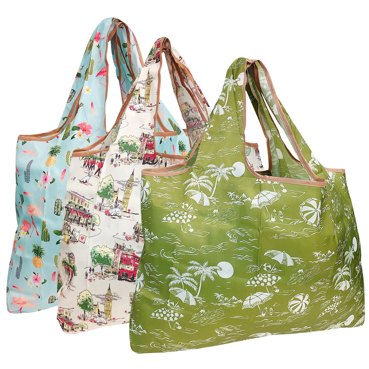 Wrapables Large Nylon Reusable Shopping Bags for Groceries (Set of 3), Destination Places