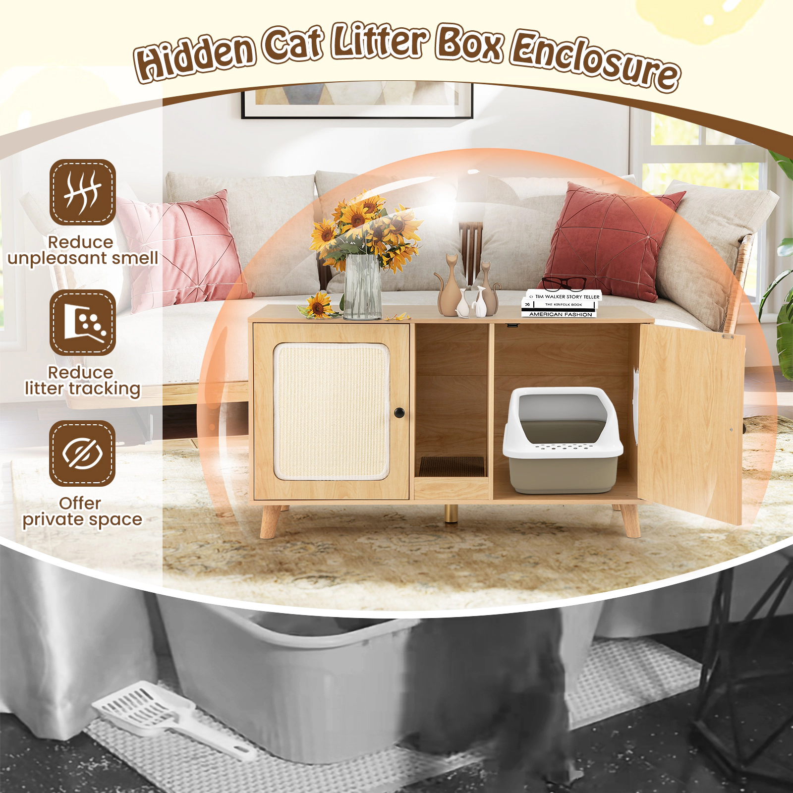 SUGIFT Natural Double Room Cat Litter Box Enclosure with 2 Sisal Scratching Mats 43-in W 20-in D 24-in H