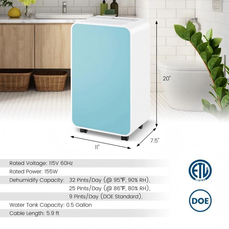 SUGIFT 32-Pint/Day Portable Dehumidifier for Rooms up to 2500 Sq Ft with 0.5-Gallon Tank and LED Control Panel Blue