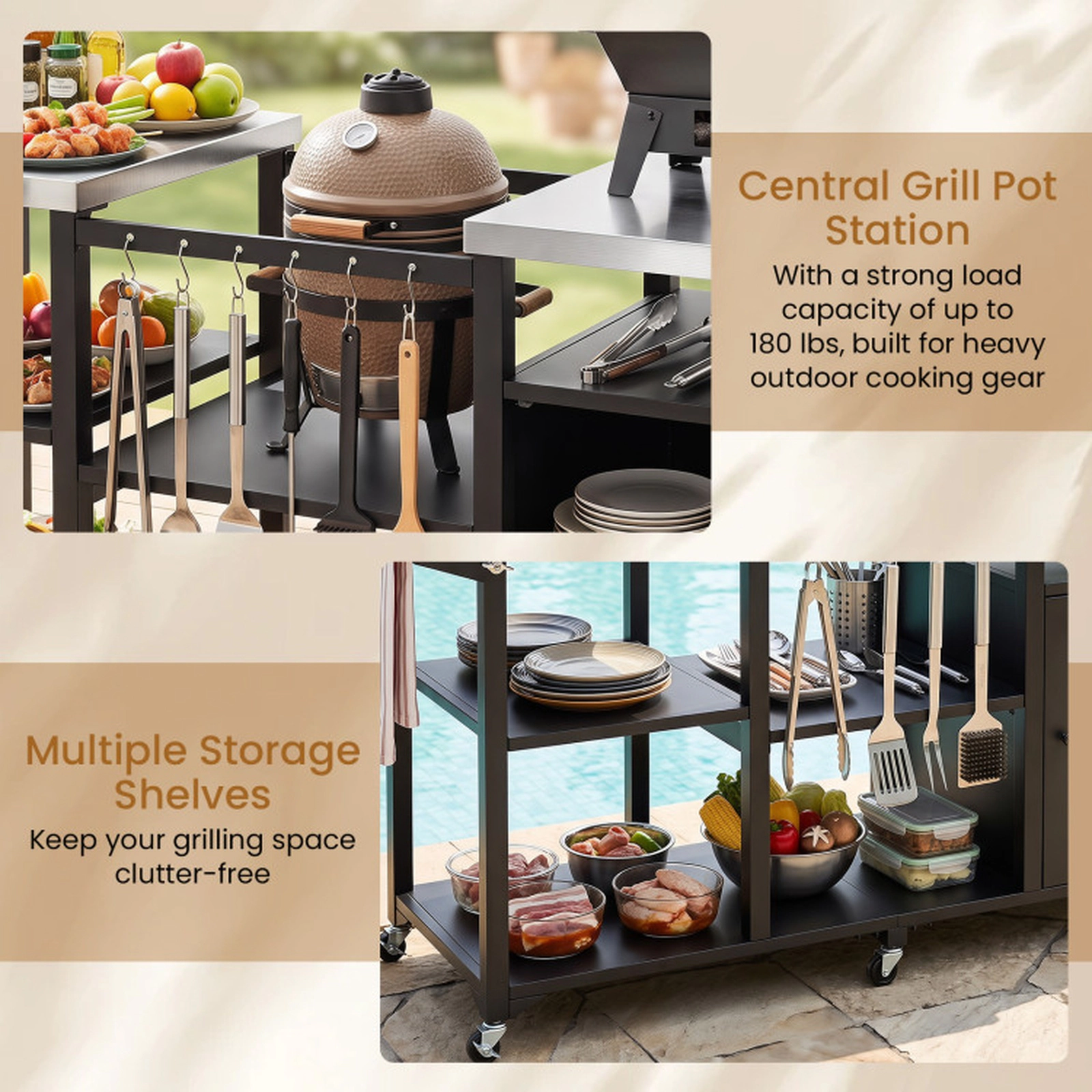 SUGIFT 180-lb Shelf Capacity 77-in Black Outdoor Grill Cart with Stainless Tops Cabinet and 6 Hooks