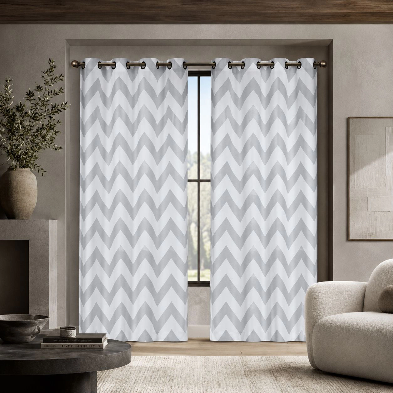 Kate Aurora Living 2 Piece Silver & White Metallic Chevron Grommet Curtain Panels - 84 in. Long
