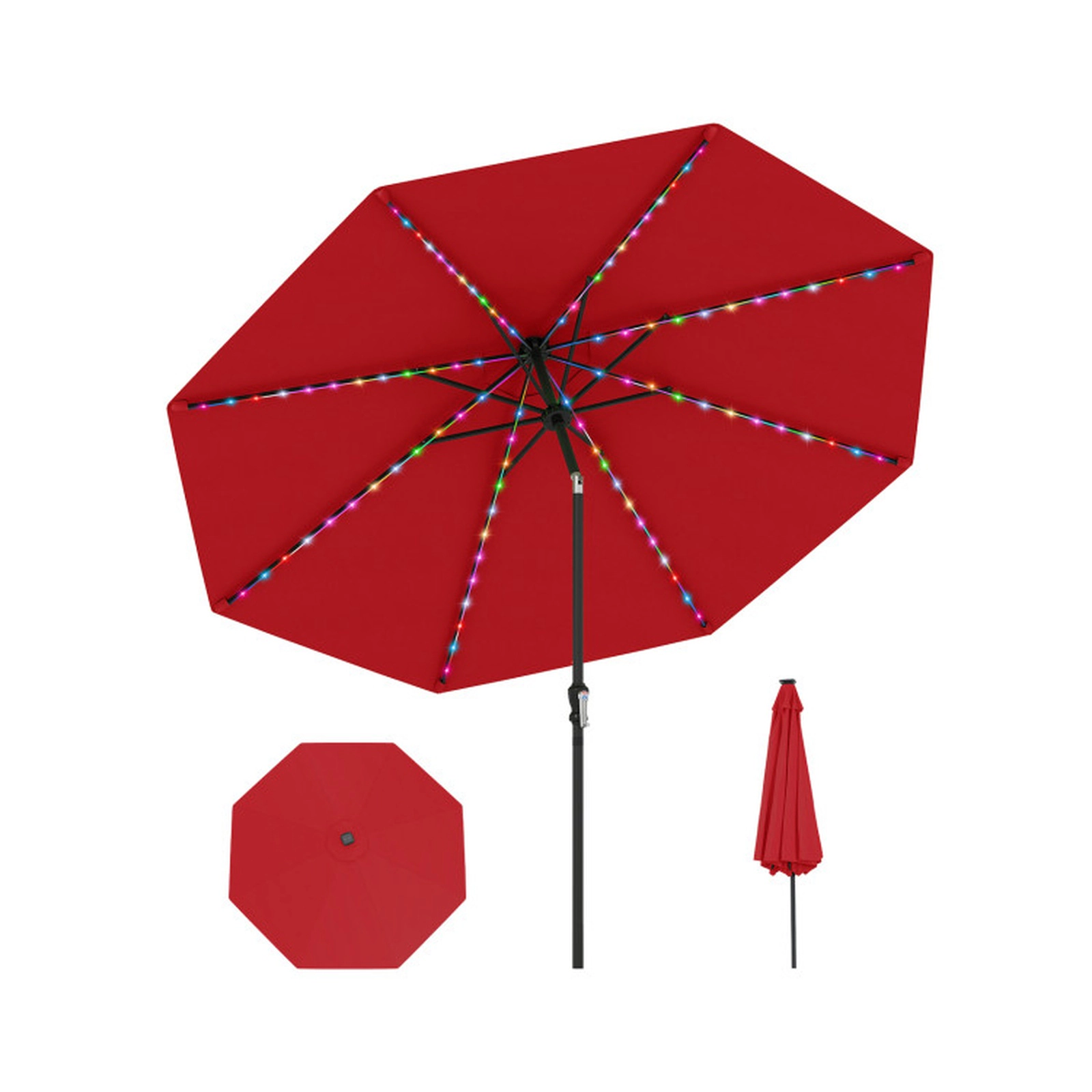 SUGIFT 10-Ft Red Solar Patio Umbrella, 96 LED Lights, 9 Color Modes, Crank Lift