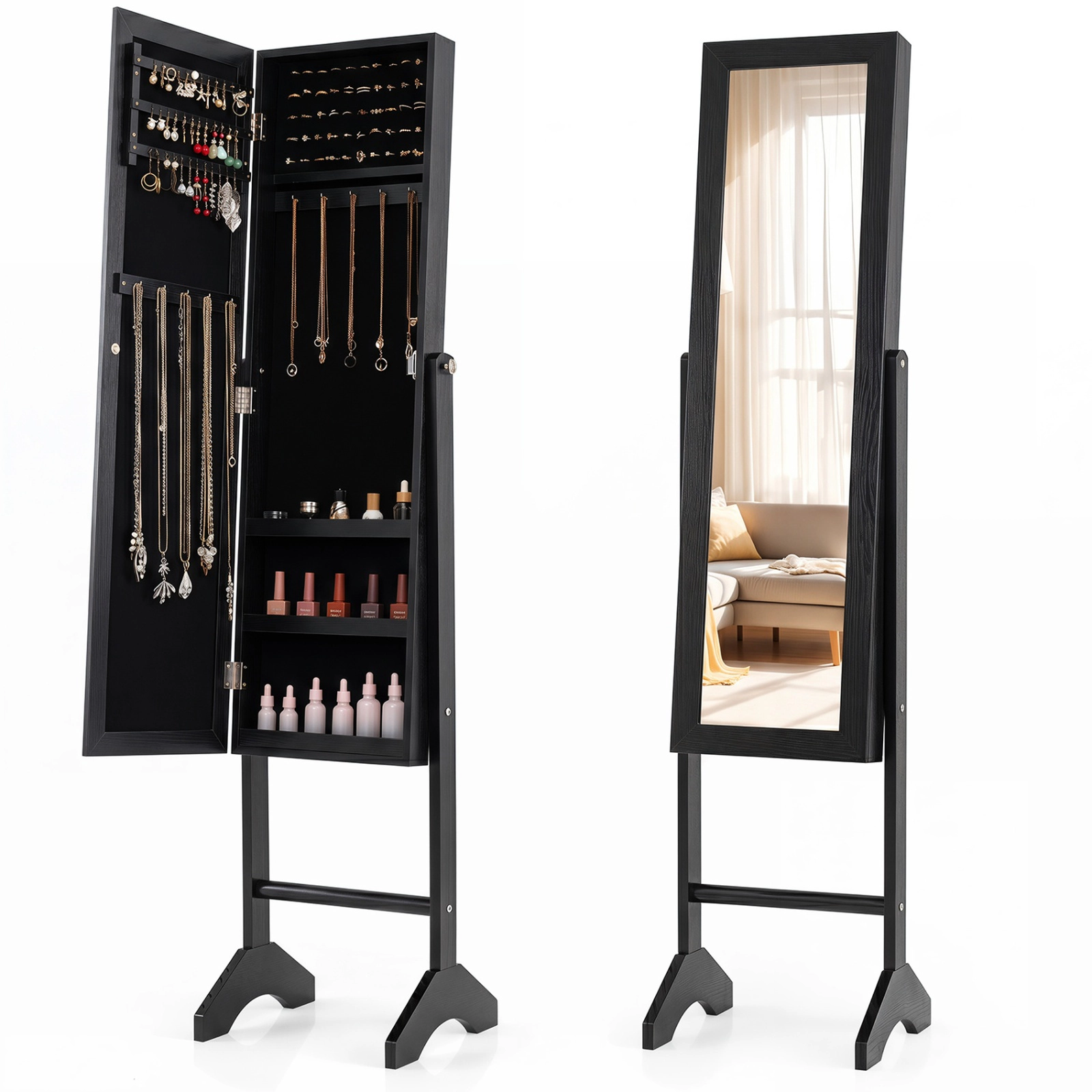 SUGIFT Freestanding Jewelry Armoire Velvet Lining & Full Length 40 x 9-in Mirror 61-in Tall 14 x 13-in Base 1-Pc Black