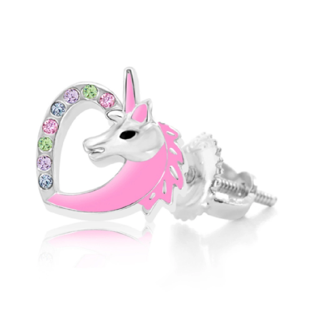 CHANTEUR Kids Unicorn Heart Crystal Stud Earrings - White Gold Palladium Plating, Screw Back for Sensitive Ears