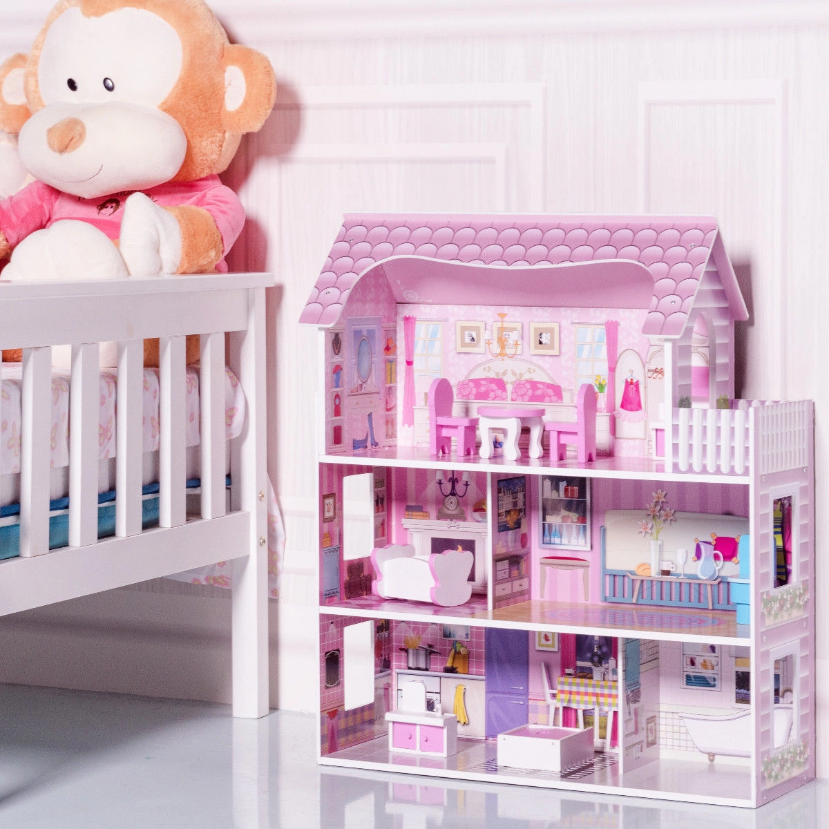 SUGIFT 3-Level MDF Dollhouse with 5 Rooms Balcony and 8-Piece Furniture Set 28-in Tall Pink