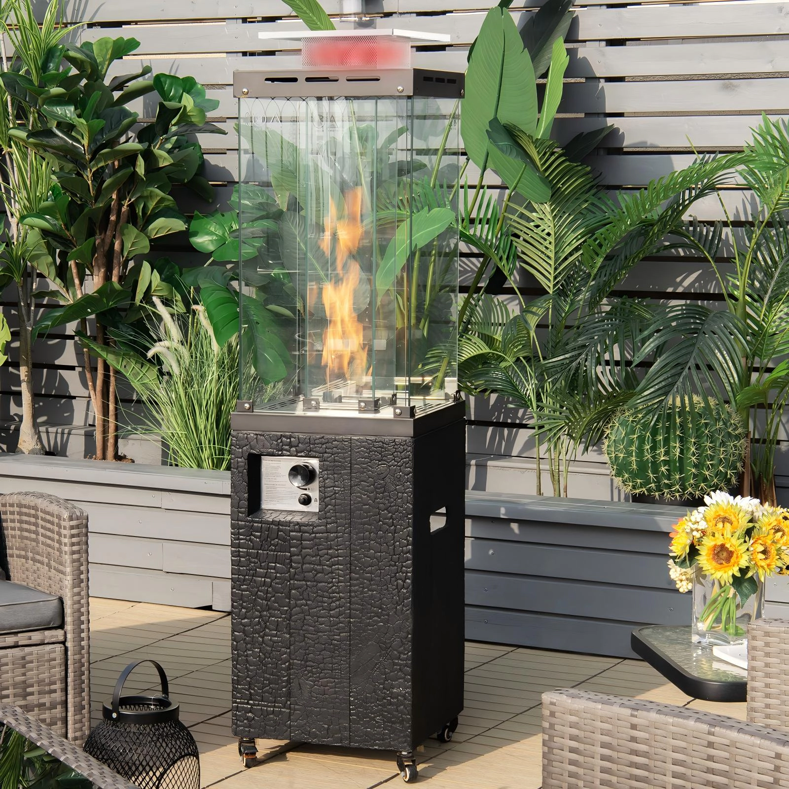 SUGIFT 41000-BTU Black 13-ft Coverage Propane Patio Heater with Tempered Glass Tube Metal Hood and Wheels