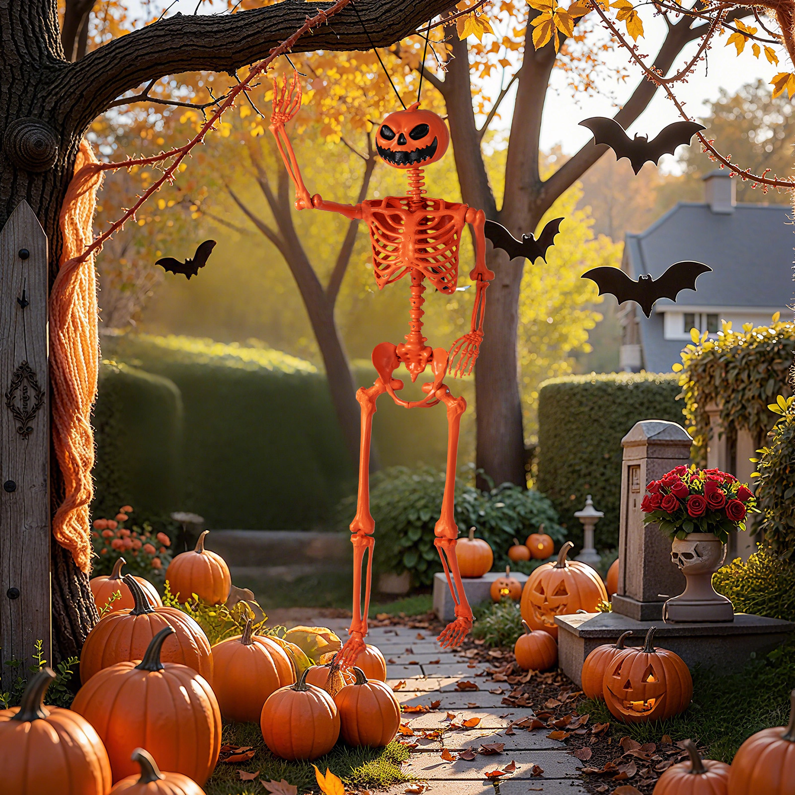 LJG 5.2 FT Orange Life-Size Poseable Halloween Skeleton with Pumpkin Head and Movable Joints