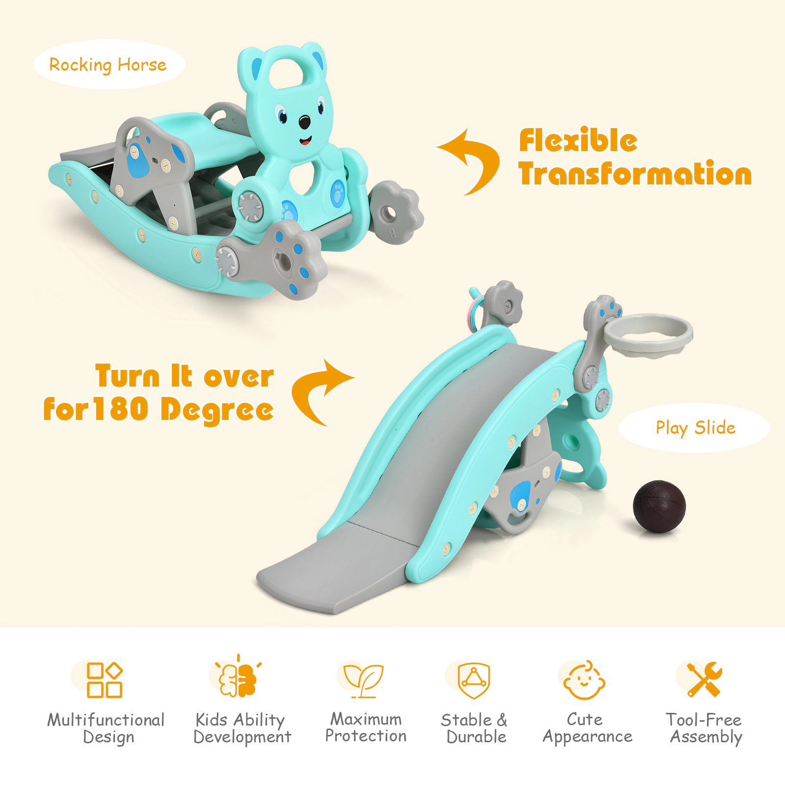 SUGIFT Basketball Hoop and Ring Toss 4-in-1 Toddler Slide Rocking Horse Playset