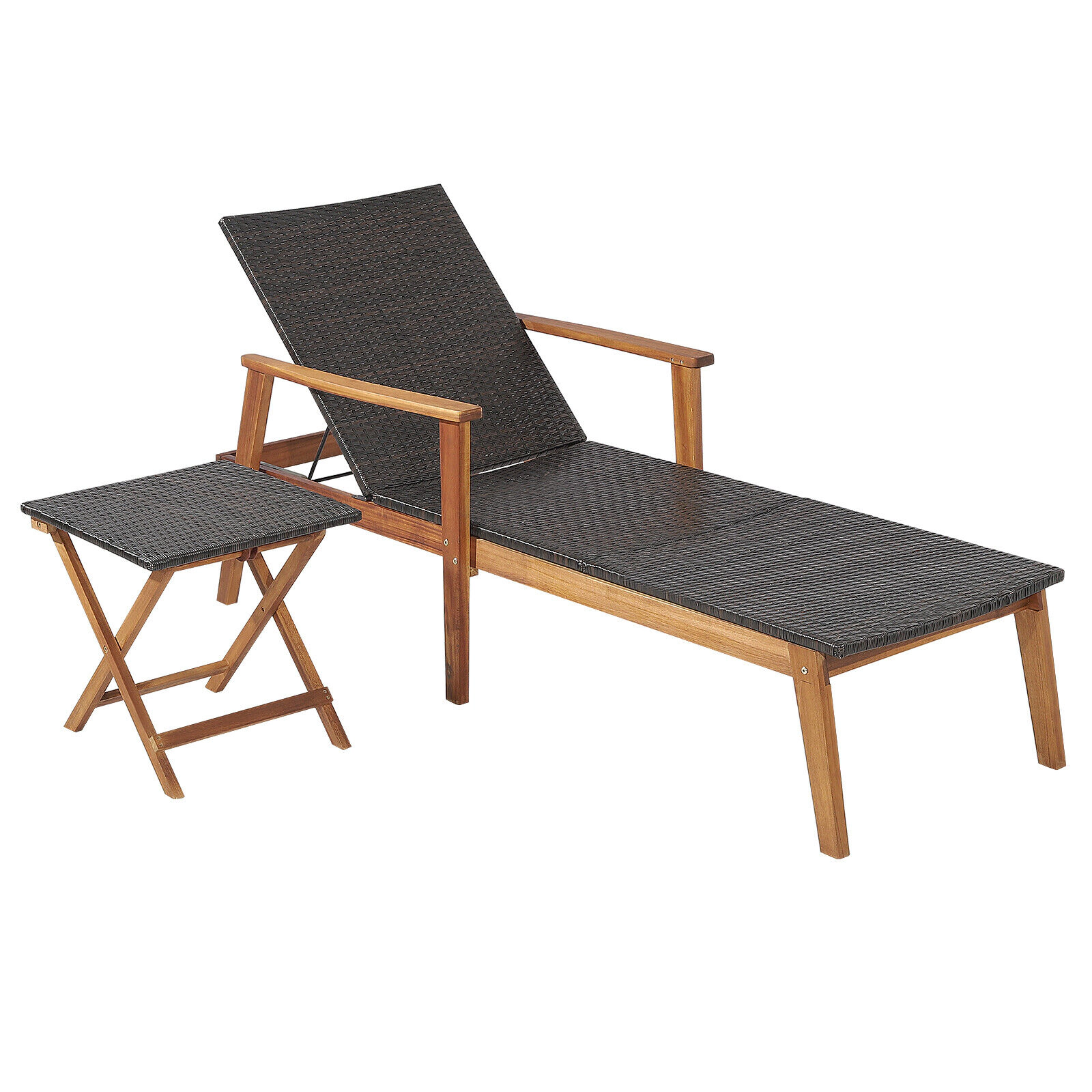 SUGIFT 4-Level Folding Side Table Acacia Wood PE Rattan Patio Chaise Lounge 79-in x 28-in 800-lb Capacity Brown