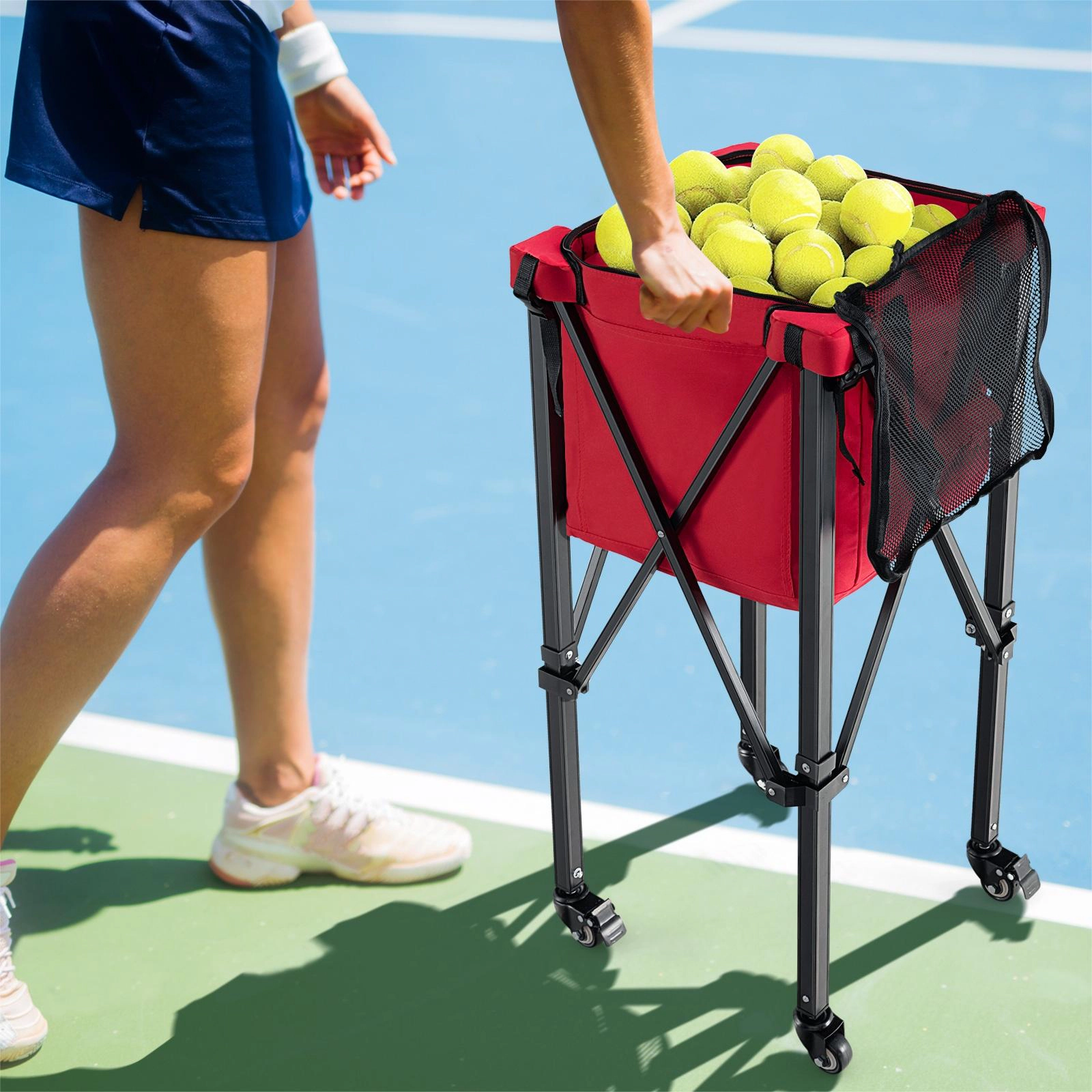SUGIFT 150-Ball 66-lb Capacity Foldable Aluminum Tennis Ball Cart with 4 Wheels and Removable Bag