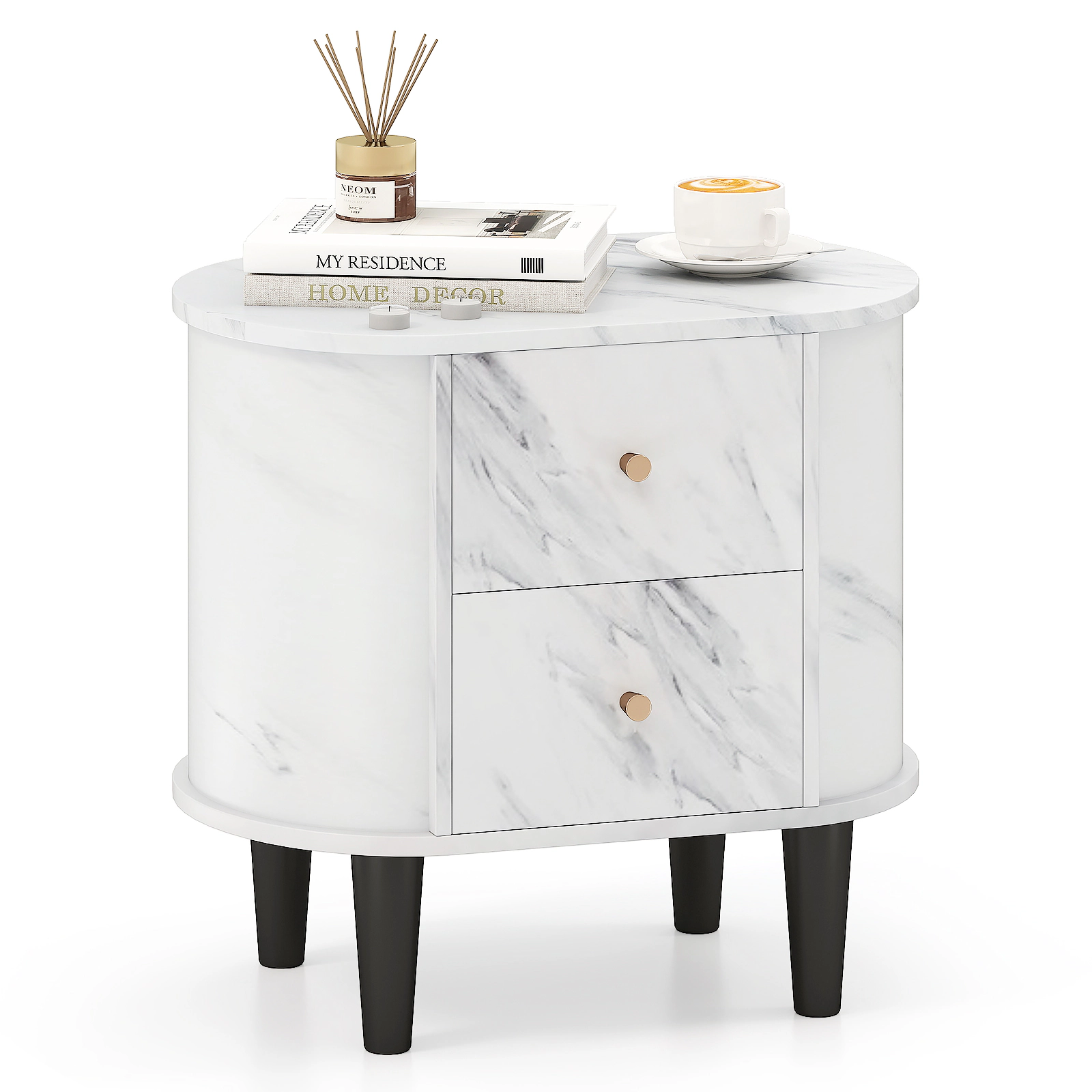 Glintex 2-Drawer Faux Marble Nightstand with Sealed Panel Edges and Raised Legs, White