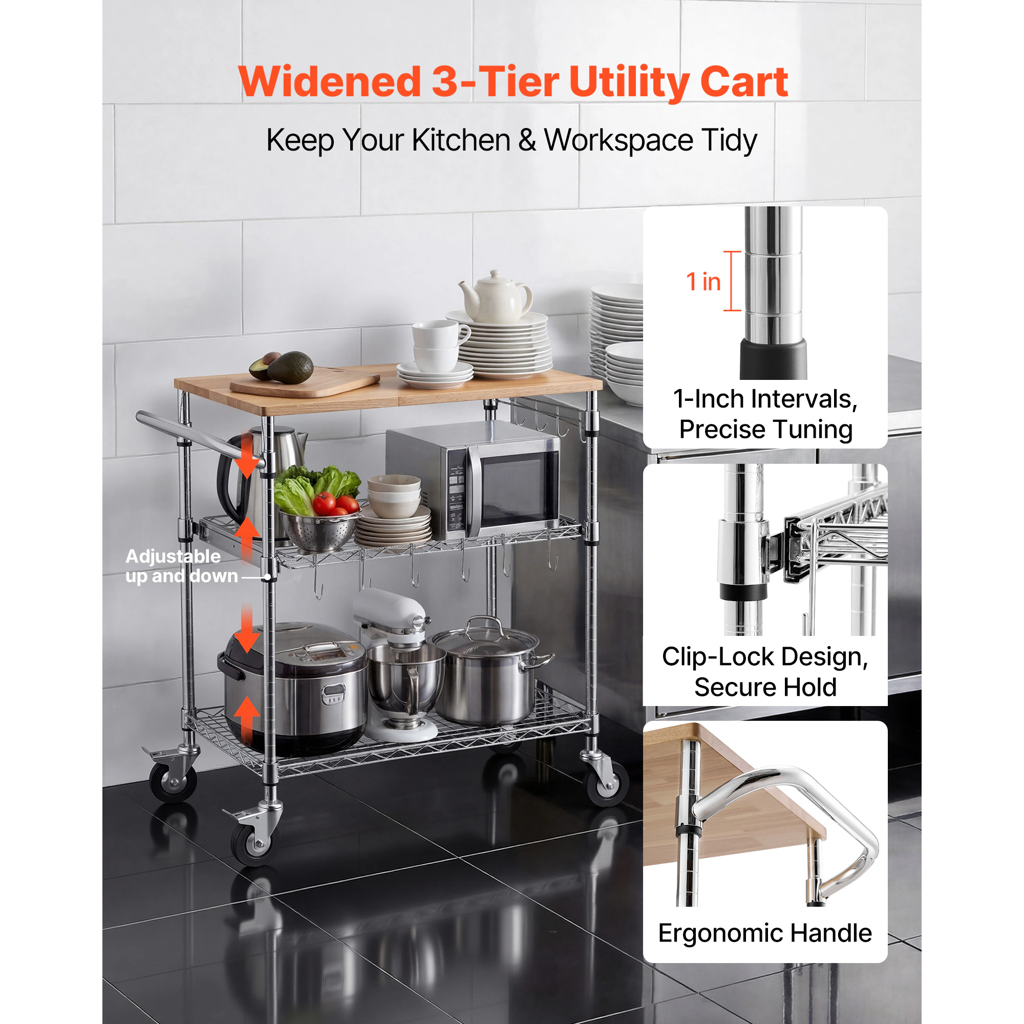 HONGGE Kitchen Utility Cart 3 Tier Heavy Duty Adjustable Wire Storage Rack Commercial Steel Rolling Service Trolley on