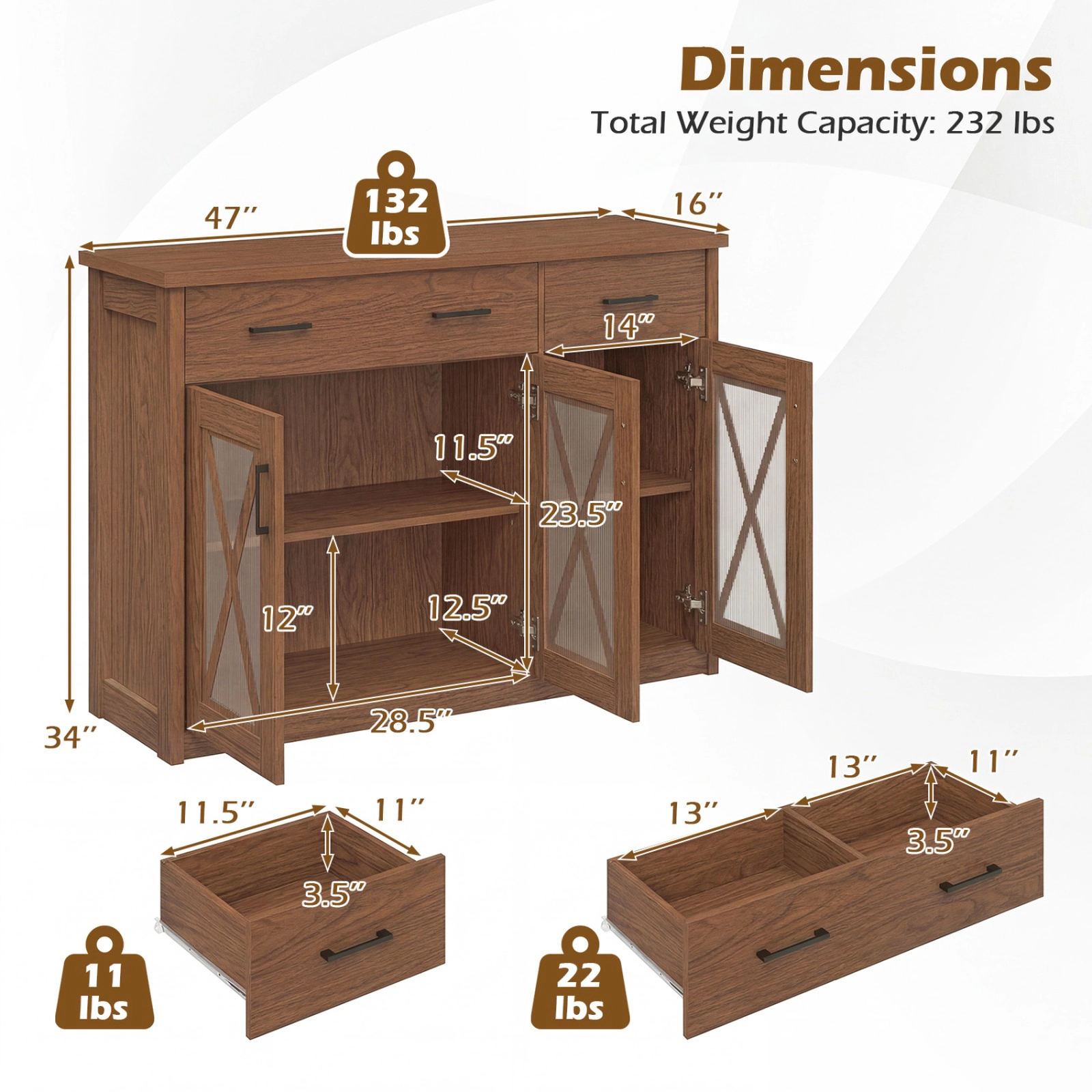 SUGIFT 47-in 132-lb Top 232-lb Total Brown Farmhouse Buffet Sideboard with 3 Barn Doors and 2 Drawers