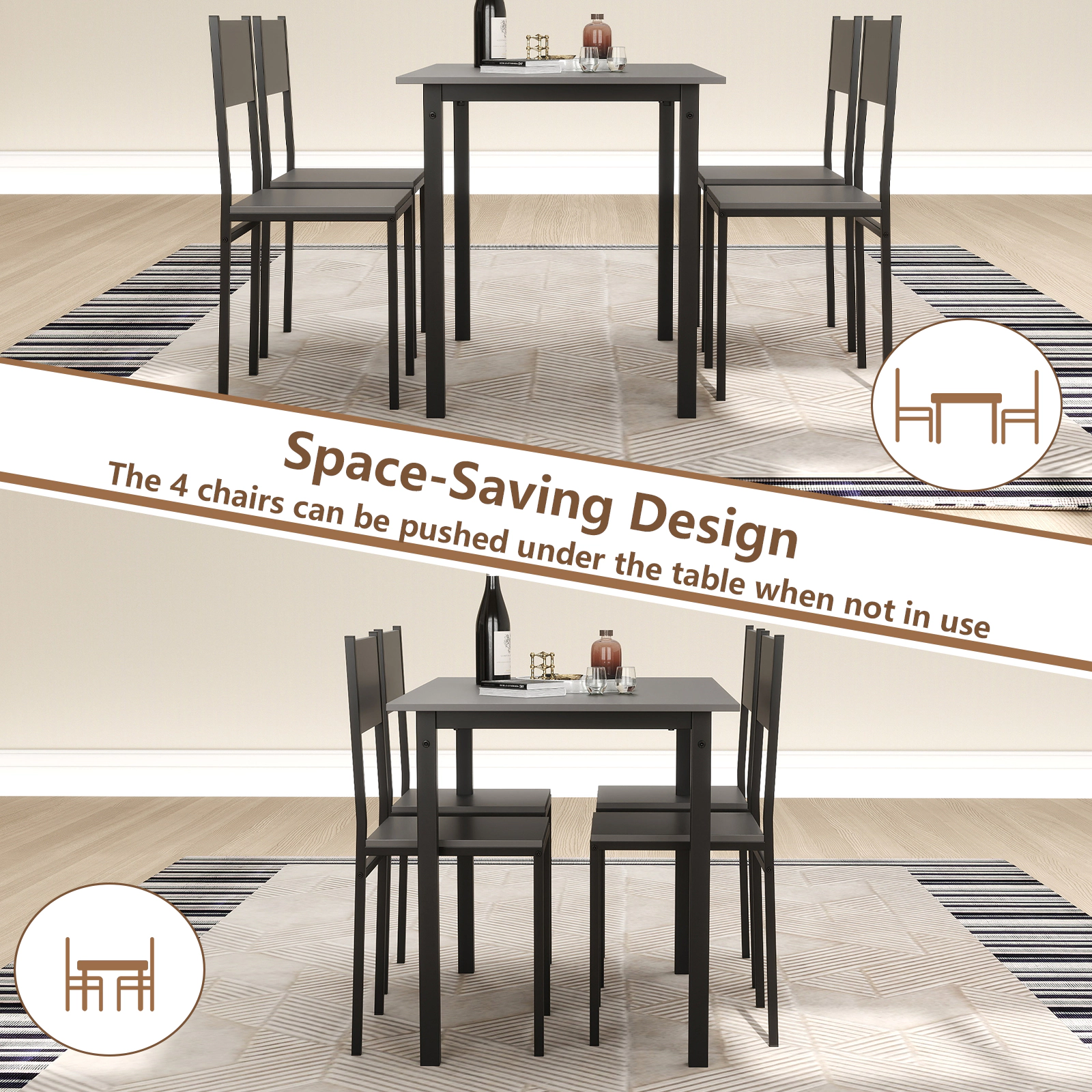 SUGIFT 5-Piece Rustic Brown Industrial Dining Set with 4 Armless Chairs