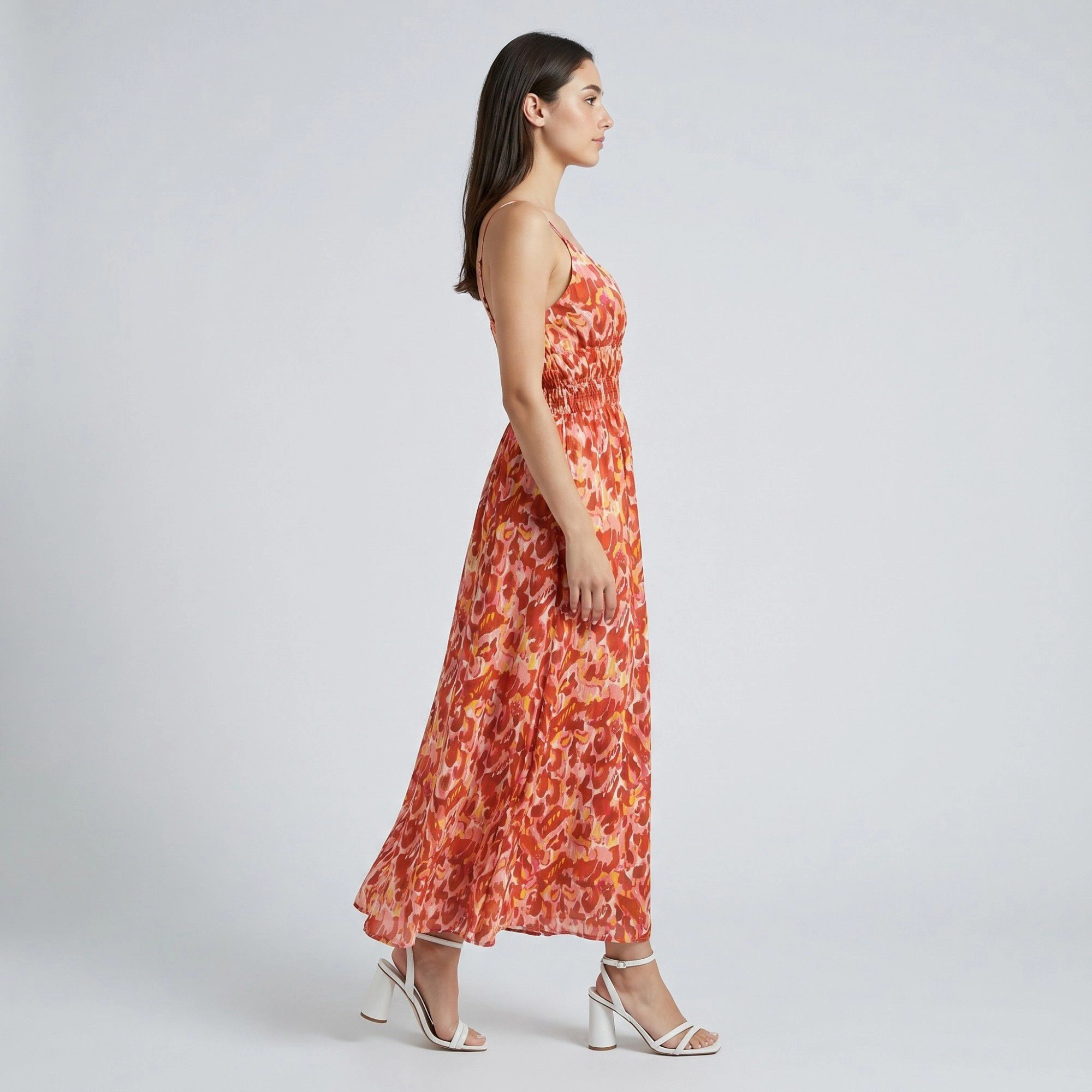 Anna-Kaci Women's Abstract Floral Print Smocked Waist Spaghetti Strap V-Neck Surplice Bodice Maxi Dress