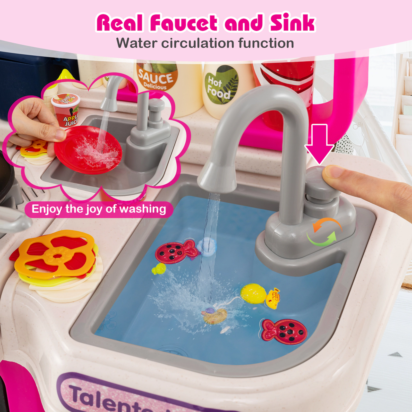 Kids Play Kitchen with 95-pc Accessories Steam Effect Water Circulation Lights and Sounds 17.5-in x 9.5-in x 36-in Pink
