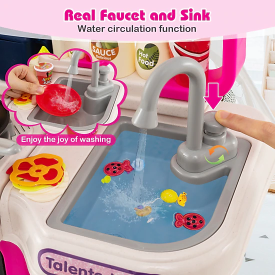 Kids Play Kitchen with 95-pc Accessories Steam Effect Water Circulation Lights and Sounds 17.5-in x 9.5-in x 36-in Pink