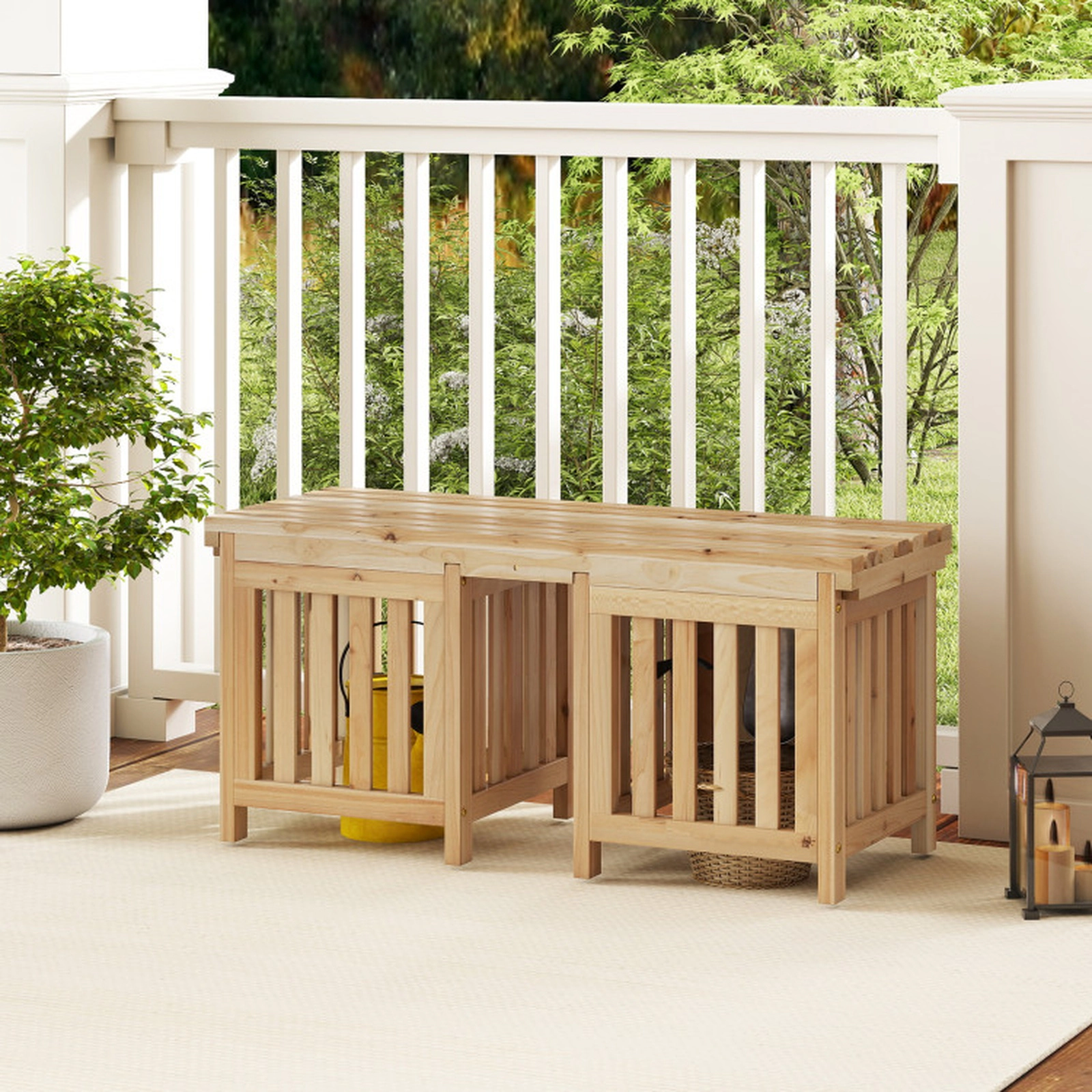 SUGIFT Natural 2 Planters 2-Person Garden Seat 68 Inch Patio Fir Wood Bench