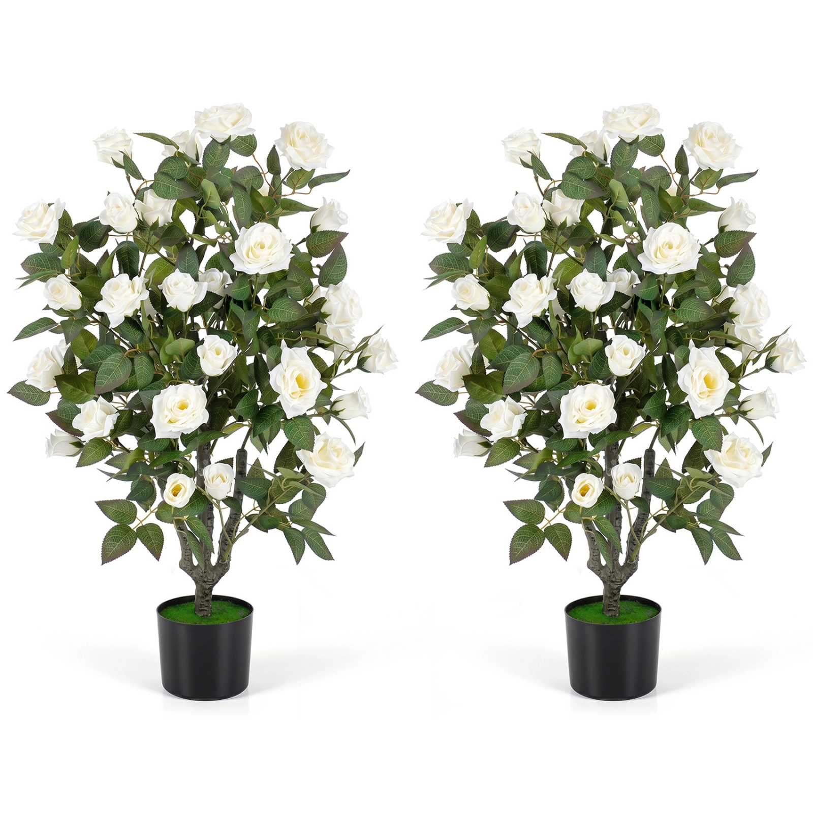 SUGIFT Set of 2 Artificial Rose Trees with Blooming Flowers in 6 x 5 in Pots 35.5-in Tall Indoor White and Green
