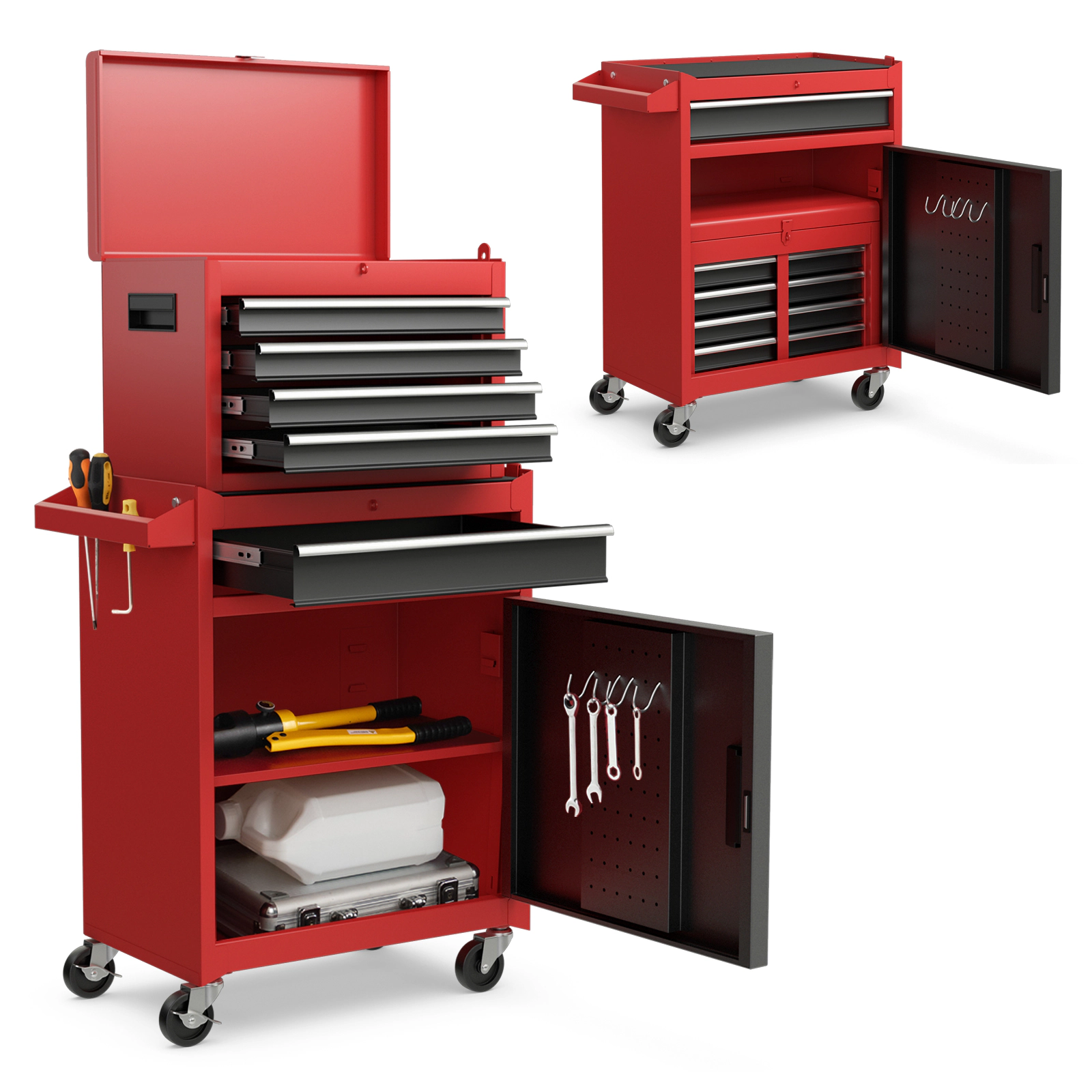 SUGIFT 2-in-1 Steel Tool Chest and Cabinet with 5 Sliding Drawers 220.5-lb Capacity Black & Red