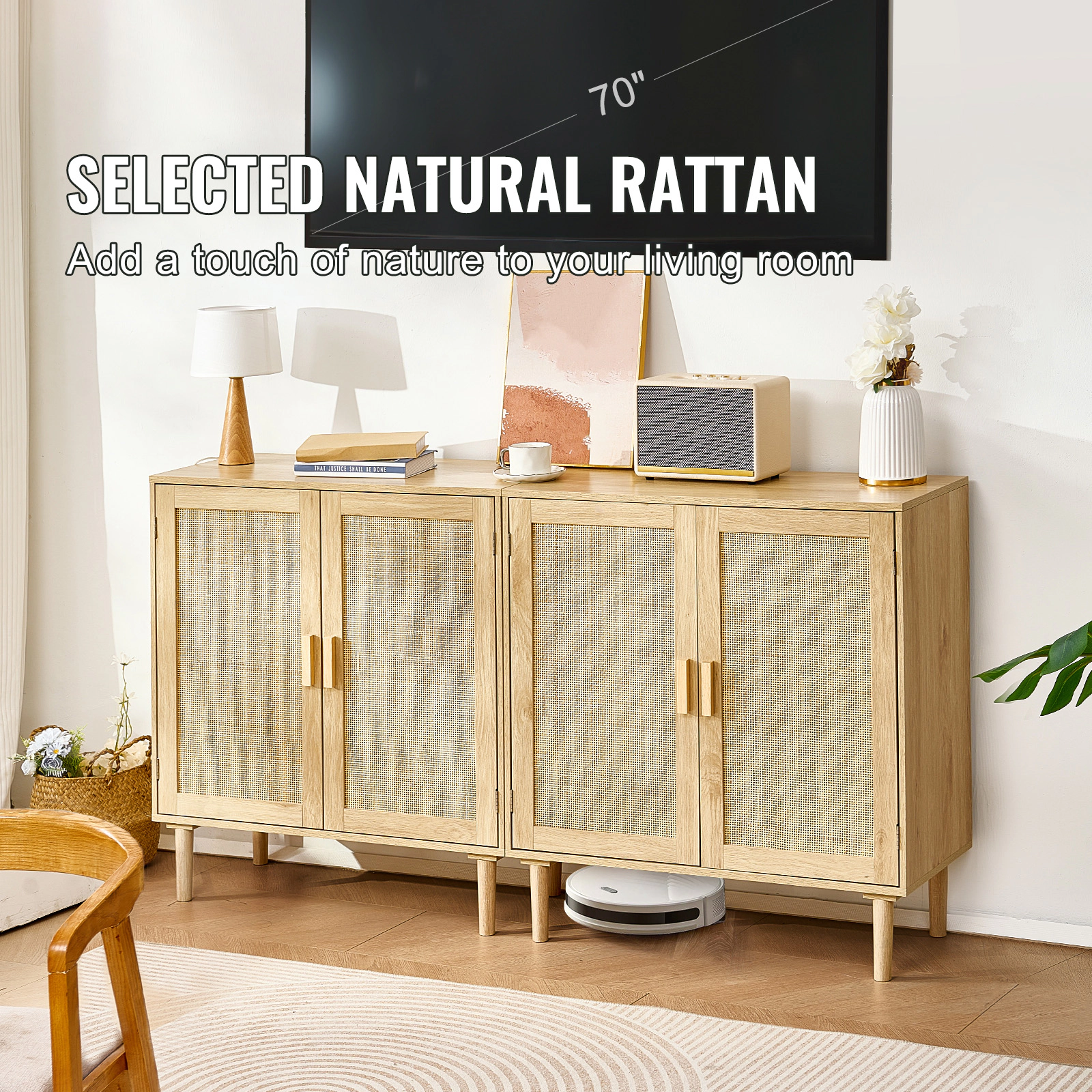 HONGGE Rattan Cabinet Rattan Storage Cabinet with Magnetic Doors and Adjustable Shelves Sideboard Buffet Cabinet for