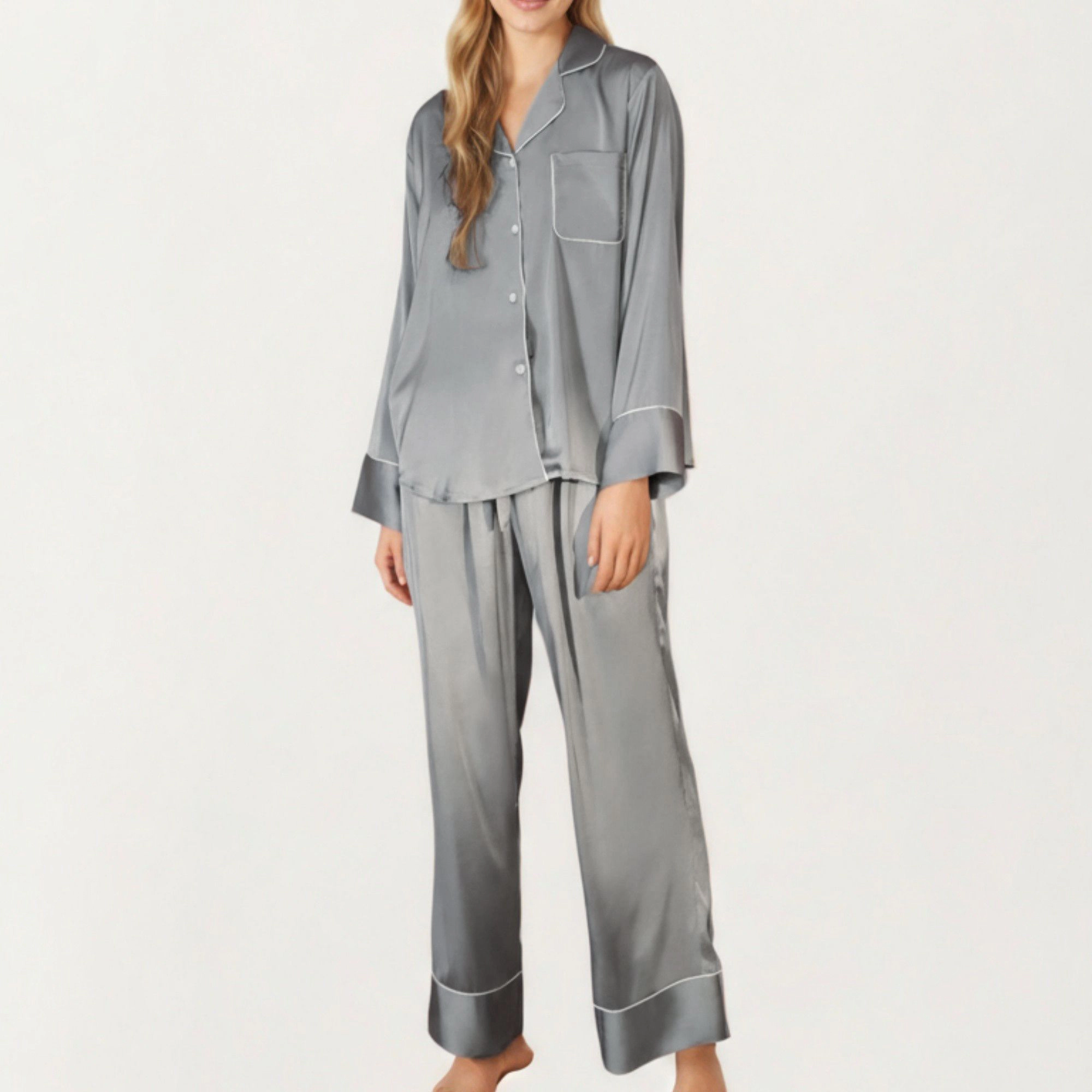 Anna-Kaci Women's 2-Piece Satin Long Sleeve Button Front Pajama Top and Relaxed Fit Pants