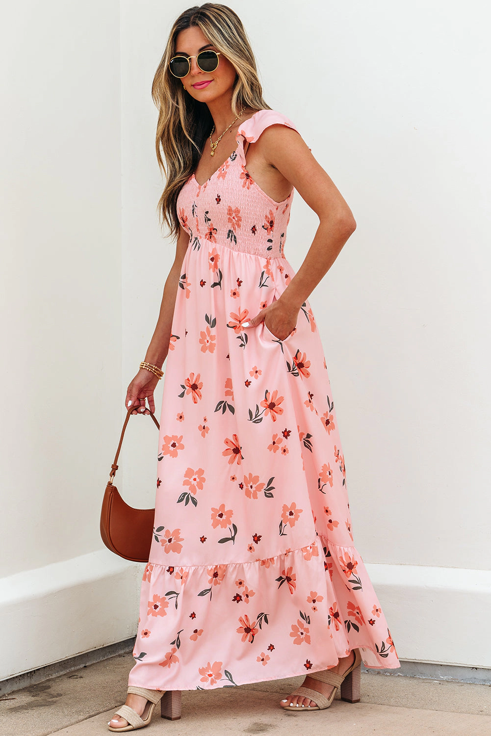 Threaded Pear Women's Clare Floral High Waist Ruffle Hem Long Dress