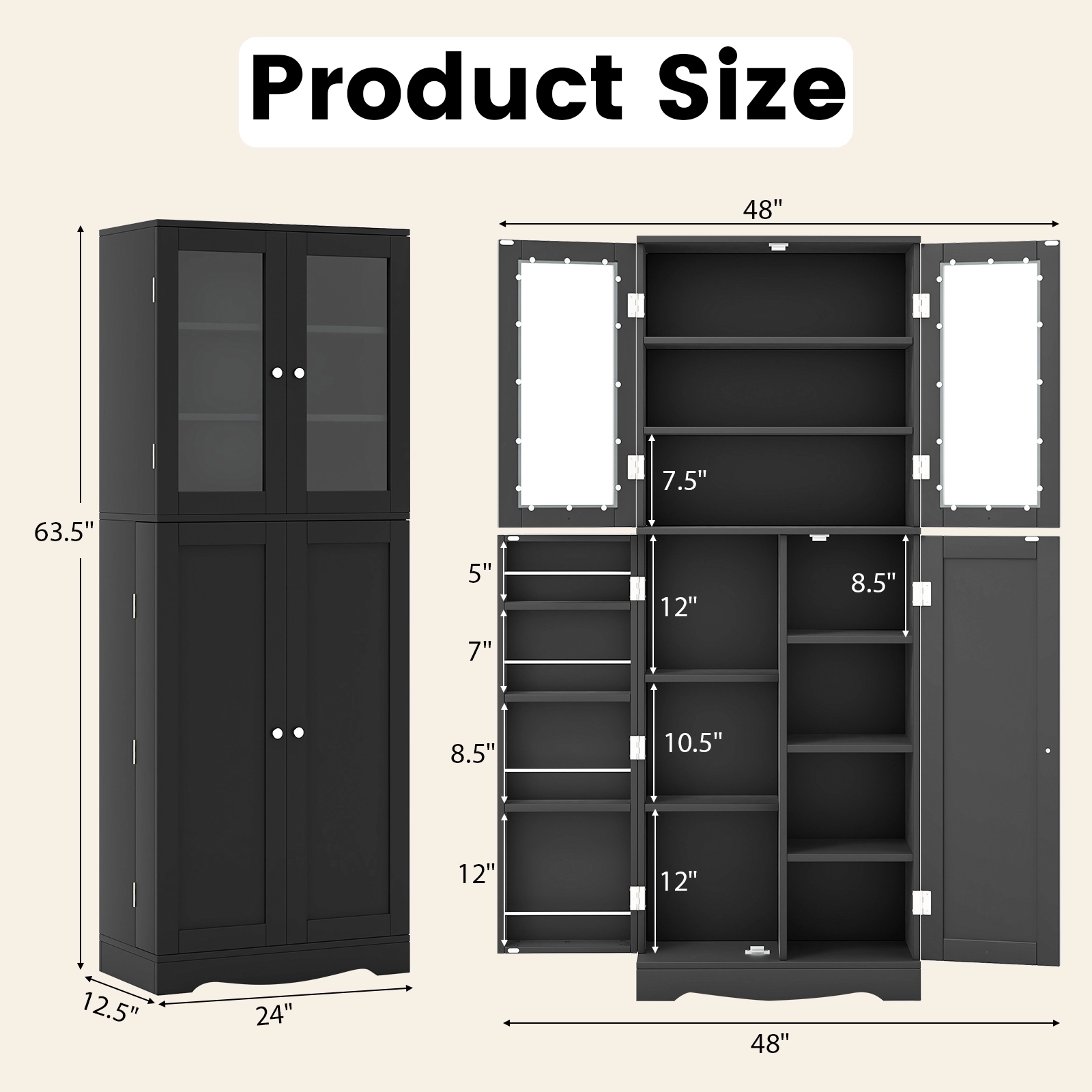 SUGIFT 63.5-in Glass Doors 4 Door Racks 3 Shelves Kitchen Pantry Cabinet 24-in x 12.5-in 50-lb per Shelf Black