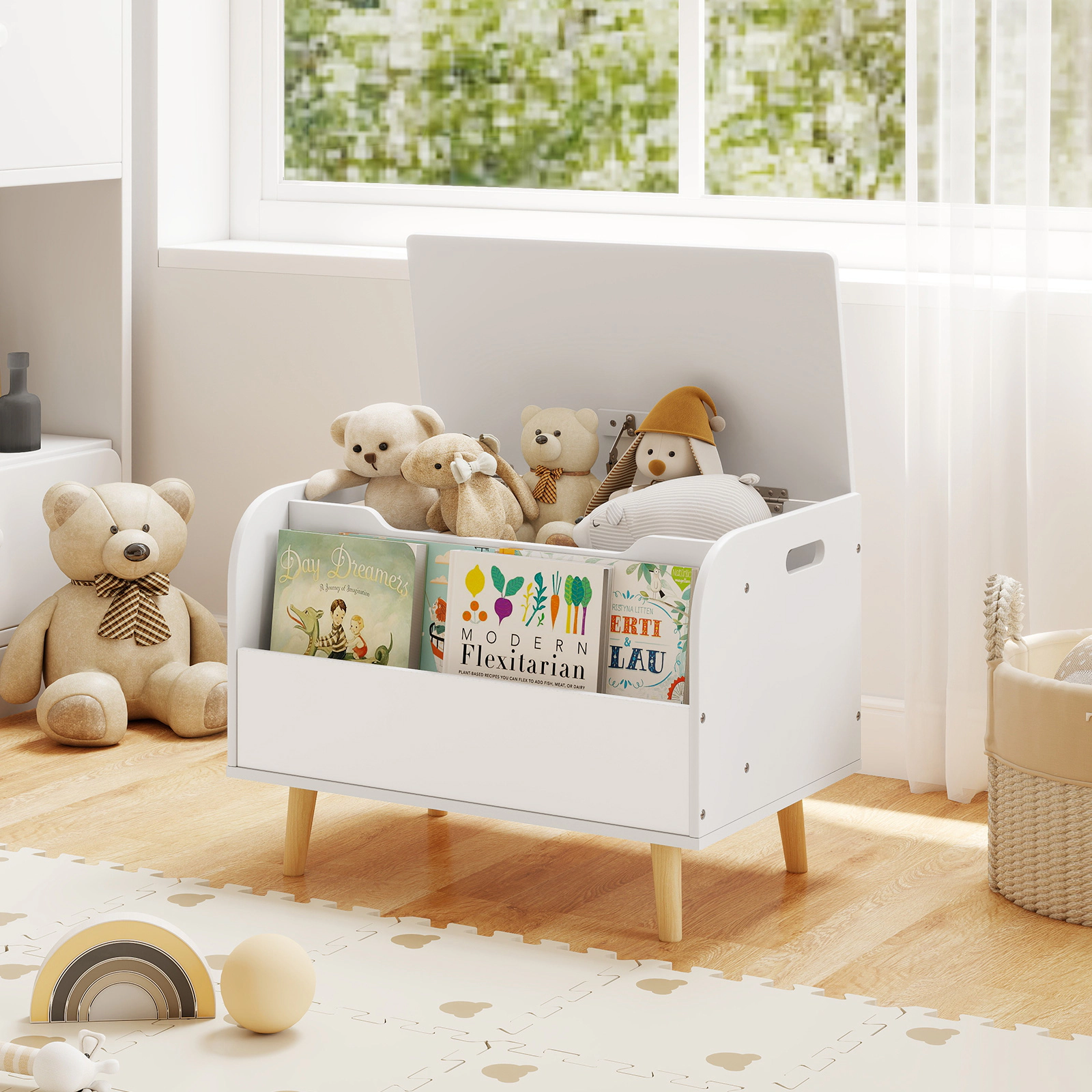 SUGIFT 23.5-in Kids Wooden Toy Box and Storage Chest with Front Bookshelf 4 Pine Wood Legs and Safety Hinge
