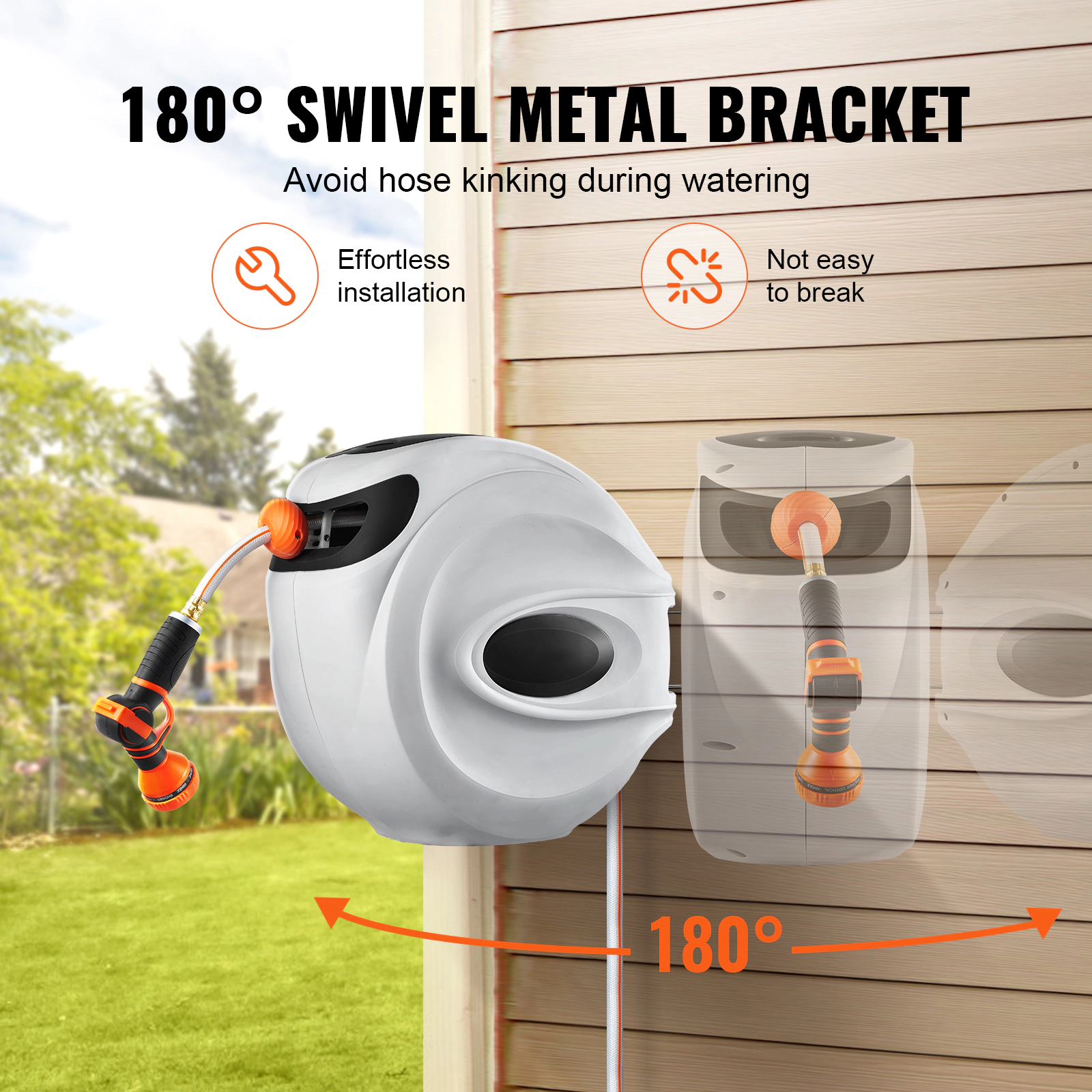 HONGGE Retractable Garden Hose Reel, 1/2 in x 130 ft, Wall-Mounted, Auto Rewind, 9-Pattern Nozzle, 180 Swivel Bracket