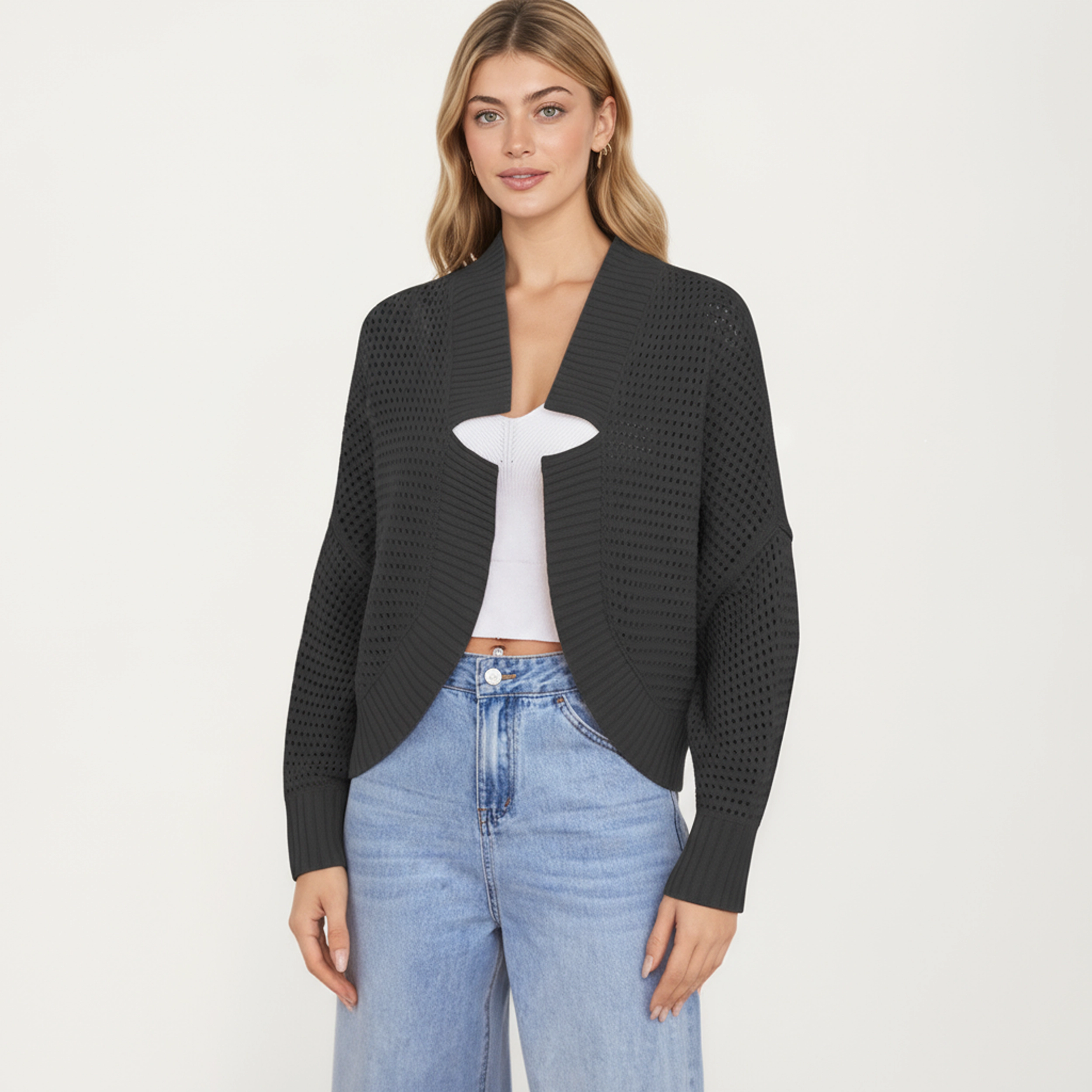 Anna-Kaci Women's Open Front Long Sleeve Knit Fashion Cardigan with Textured Hollow-Out Design