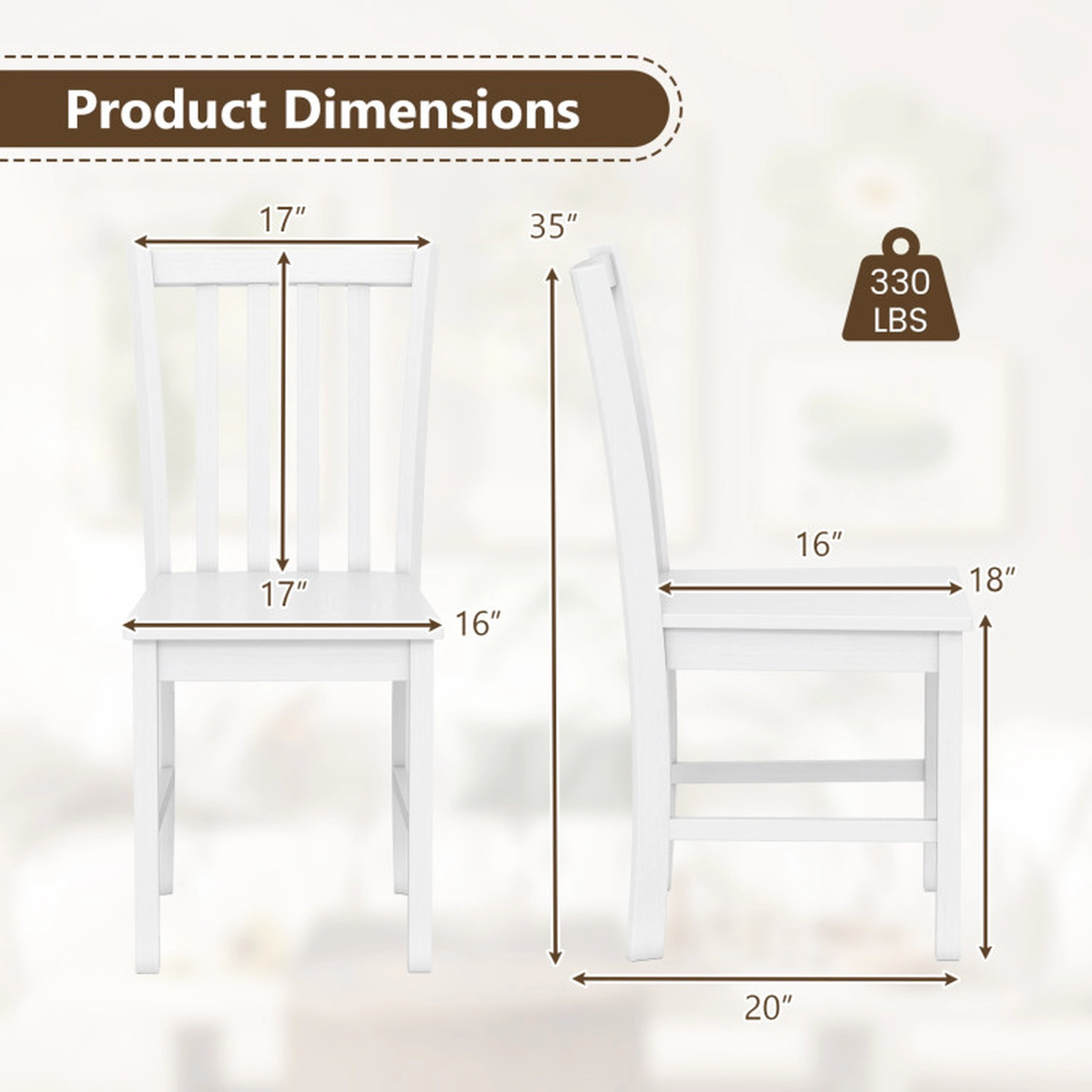 SUGIFT Rustic Rubber Wood Dining Chairs Set of 2 Wooden Kitchen Chairs with Slat Tilt Backrest 330-lb Capacity White