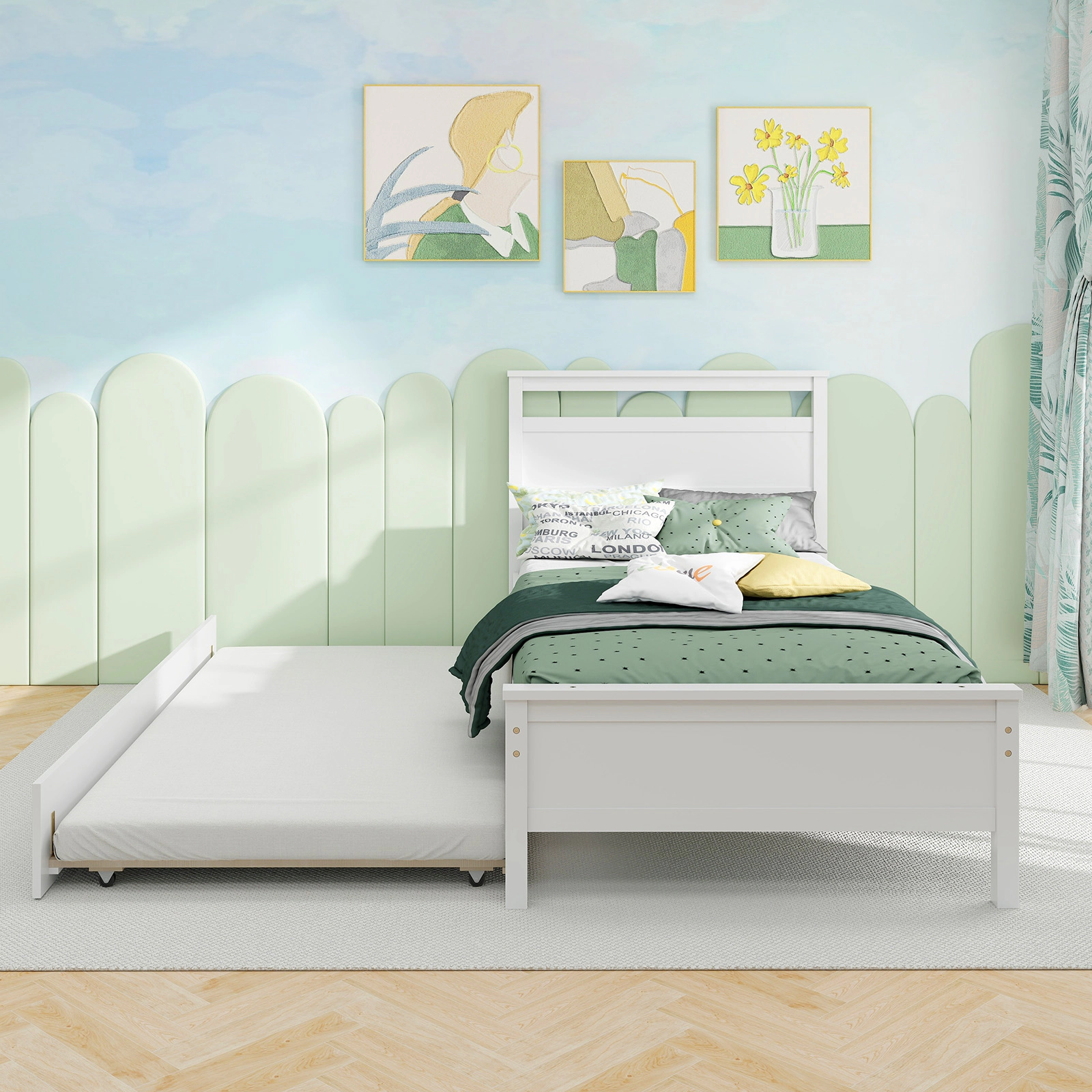 SUGIFT Twin Wood Platform Bed with Pull-Out Trundle, White, 200-Lb Capacity per Bed