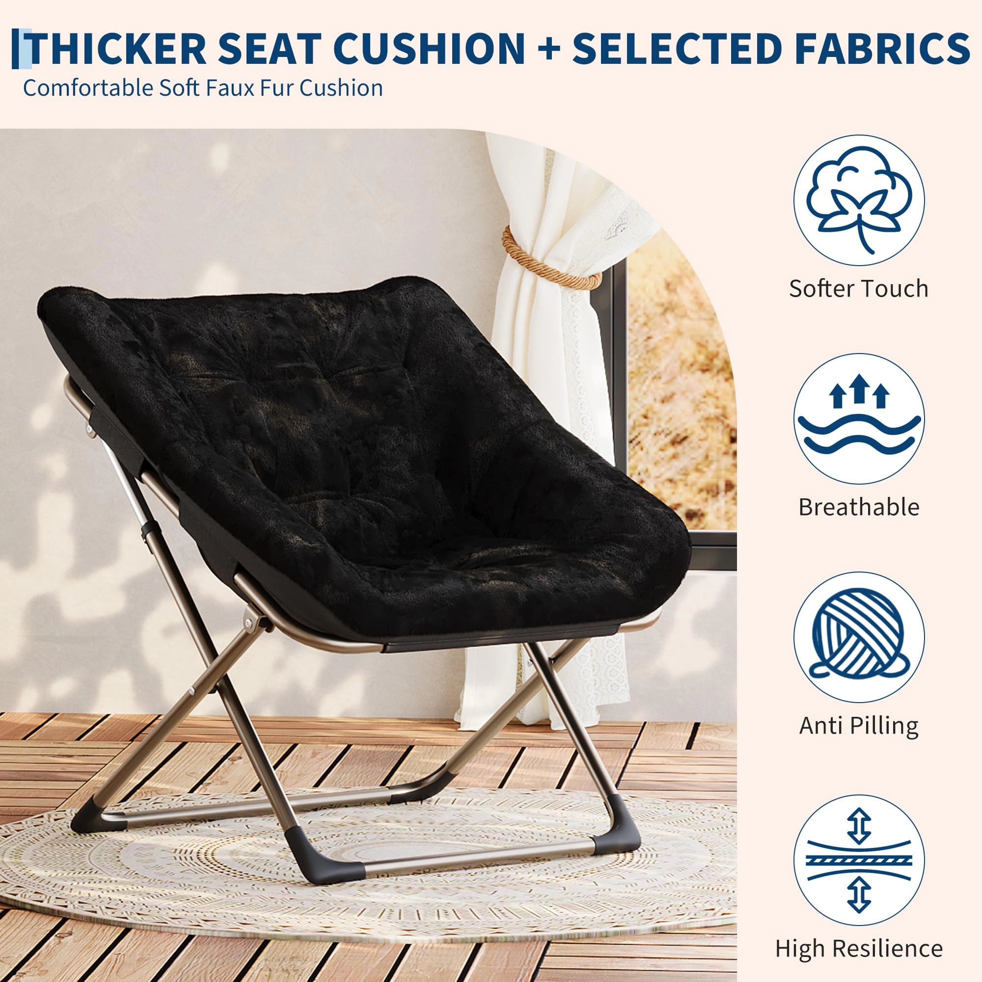 BebreezChic Foldable Dish Saucer Chair - Rabbit Fur Comfy Lounge with Metal Frame for Kids, Teens & Adults