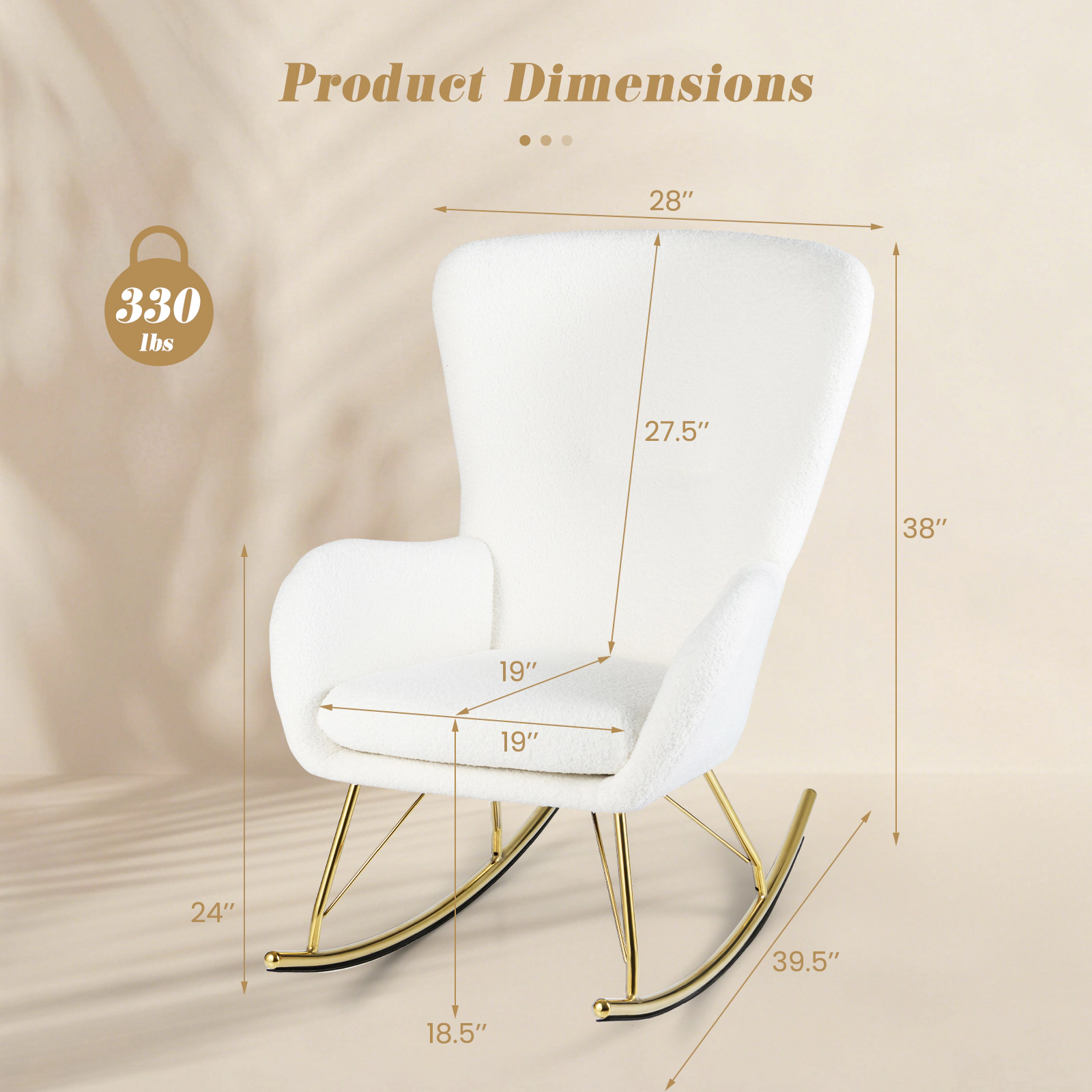 SUGIFT Teddy Fleece Nursery Rocking Chair with Curved Backrest & Armrests 330-lb Capacity 39.5-in Frame White & Golden