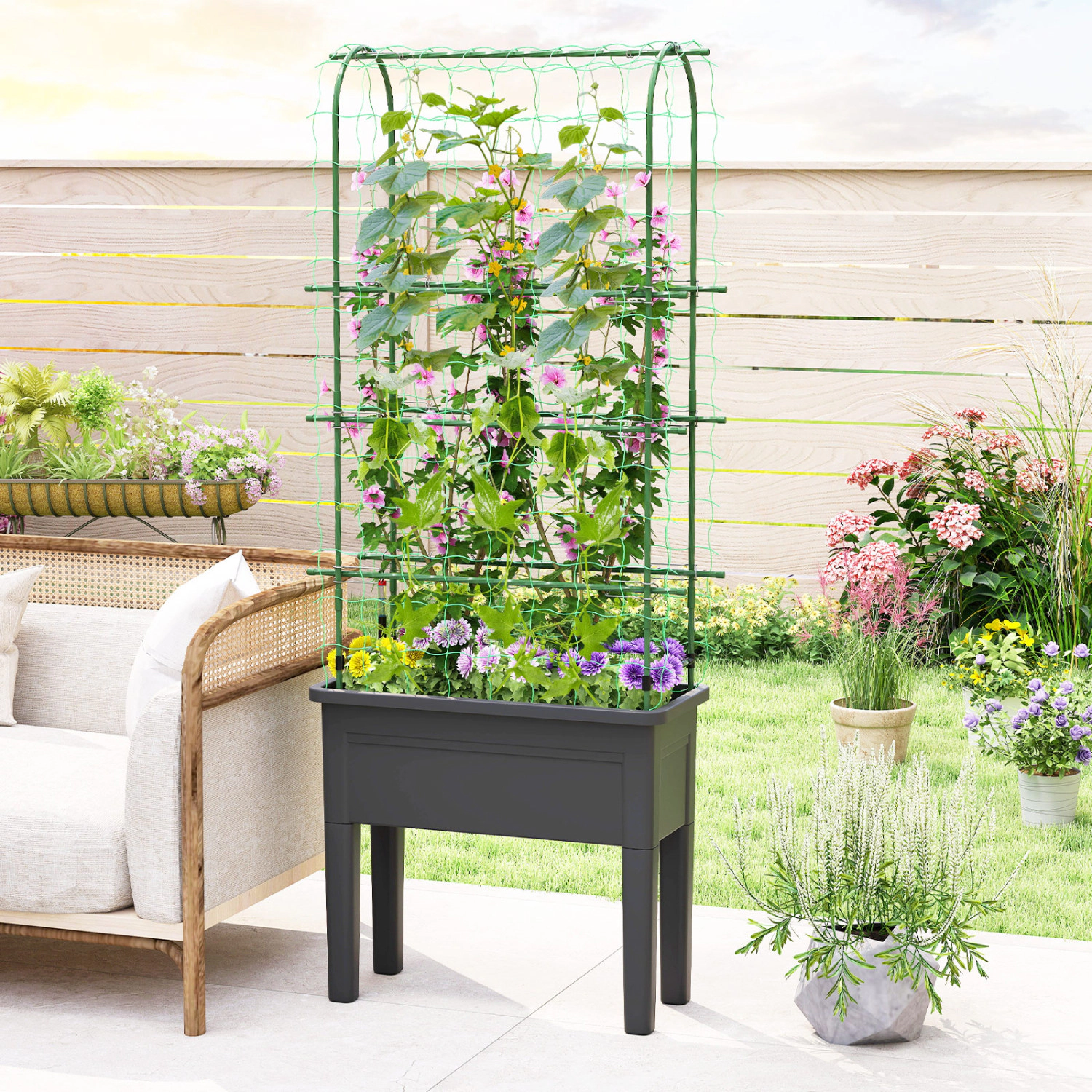 Hivvago Self-watering Raised Garden Bed Elevated Planter with Climbing Trellis