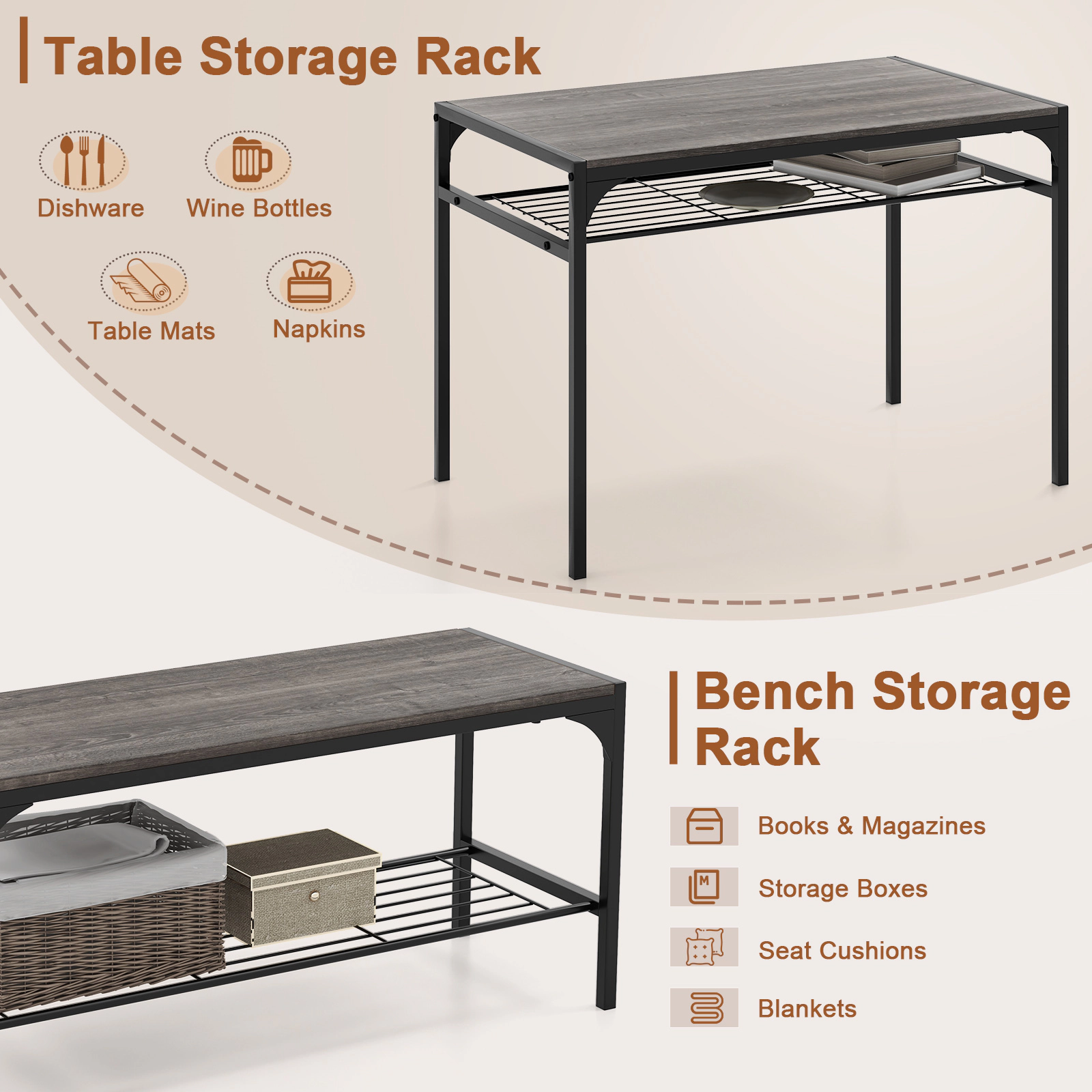 SUGIFT 4-Piece Gray Metal Dining Set, 43-Inch Rectangular Table, Bench, 2 Chairs, Storage Shelves