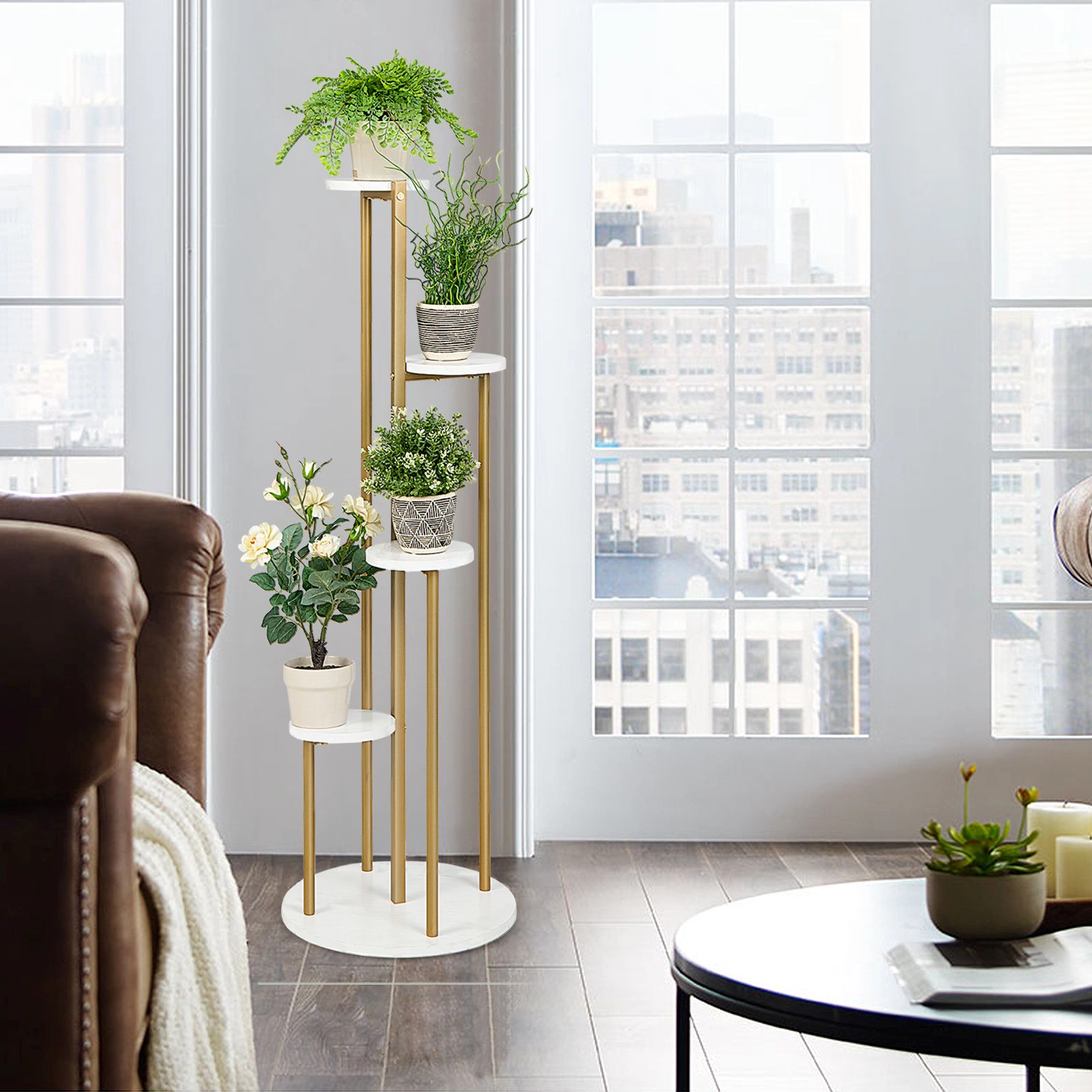 SlickBlue Unisex 48.5 Inch 4-Tier Indoor Plant Stand with MDF Shelves