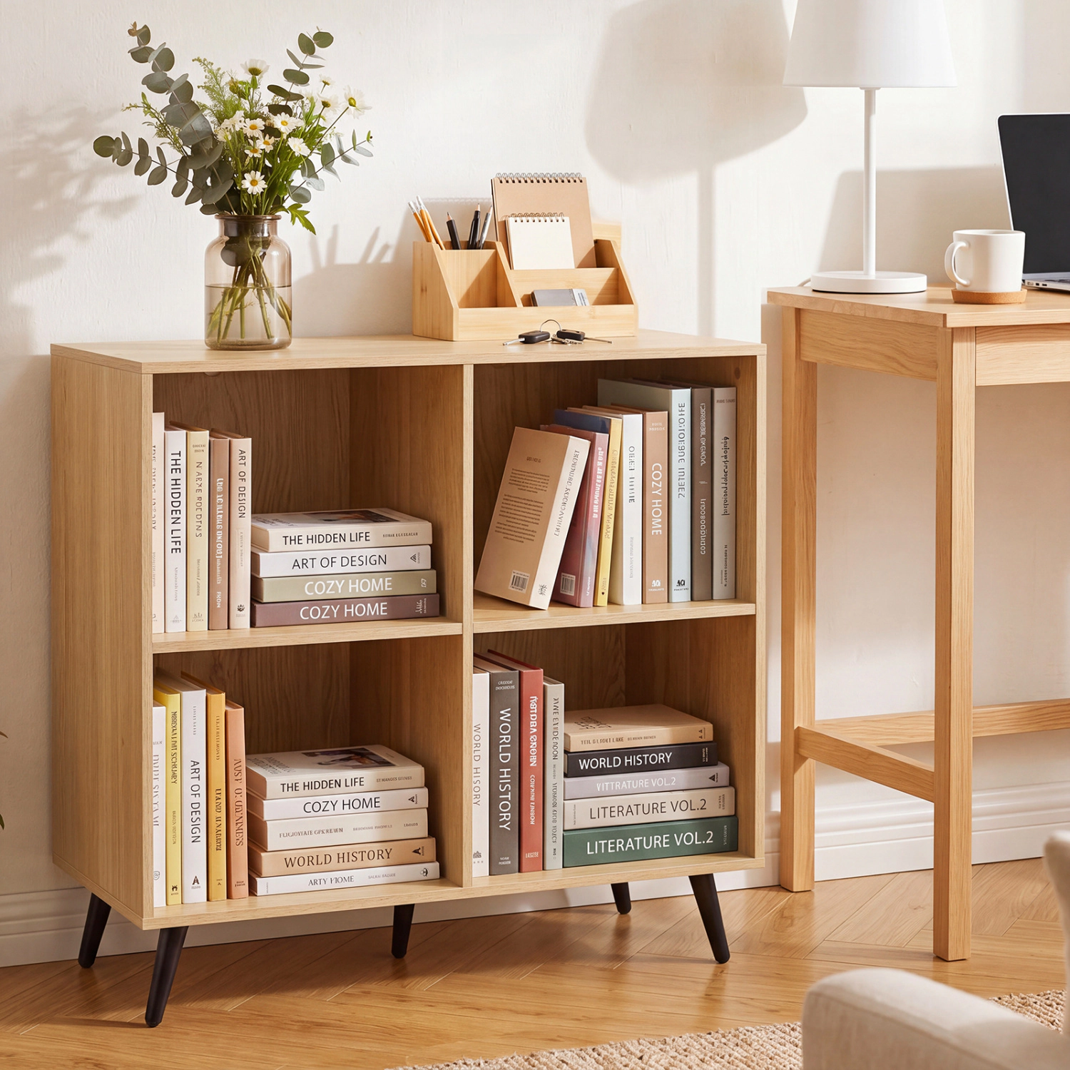 LJG 4-Cube Wooden Bookshelf Bookcase with 5 Metal Legs for Home